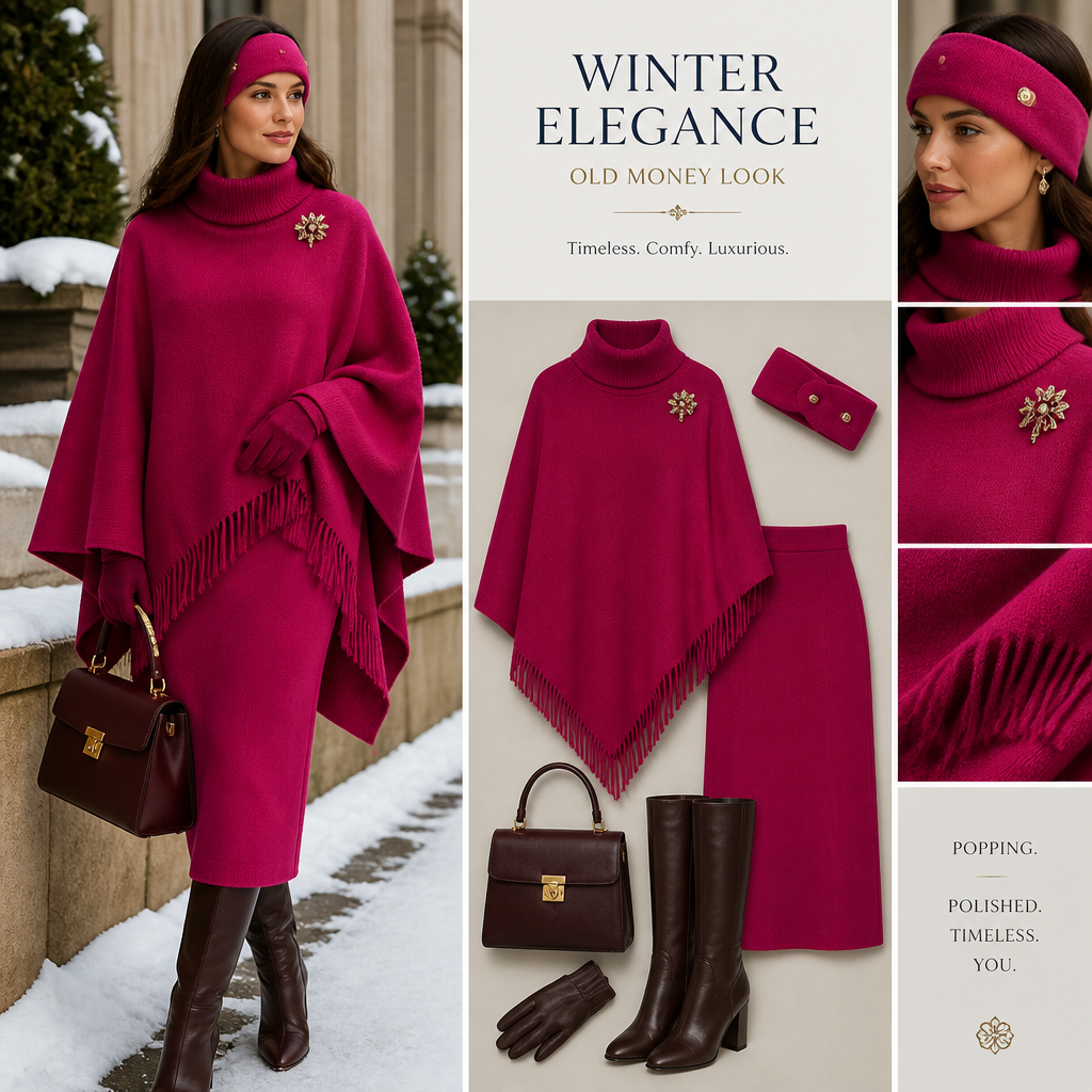 create winter out fit old money look and comfy poncho with matching head band catchy pop color outfit miidi skirt
create winter out fit old money look and comfy poncho with matching head band catchy pop color outfit miidi skirt , luxury style
