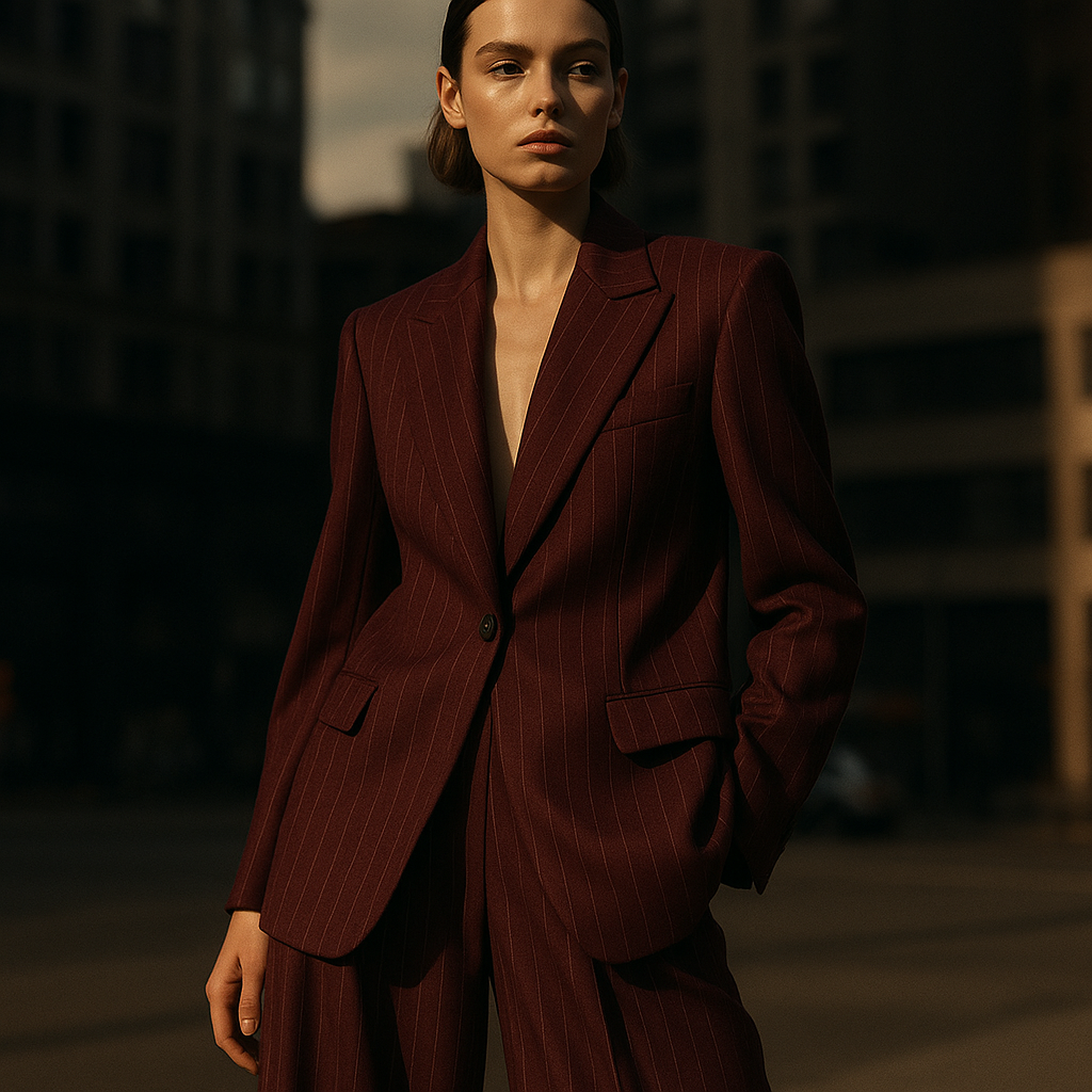 High fashion editorial shot of a female model walking in the city, wearing a bordeaux oversized blazer and palazzo pants set, fabric with single thin vertical white pinstripes, evenly spaced, no double stripes, luxury wool fabric texture, single button blazer (no extra buttons), oversized fit, two flap pockets, elegant styling, soft lighting, cinematic look, modern urban background, Vogue magazine aesthetic.”

Luxury fashion design: High fashion editorial: female model in bordeaux single-button wool blazer and palazzo pants, thin white pinstripes. Elegant oversized fit, two flap pockets. Luxurious fabric, cinematic lighting, urban backdrop for a Vogue aesthetic.