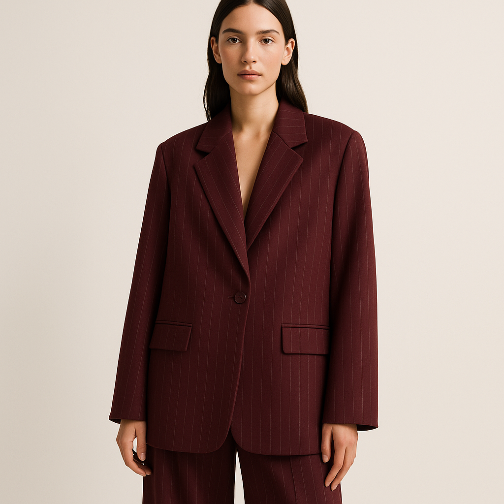 “Imagine a head-to-toe look featuring a woolen, soft, and matte-textured oversized blazer in a deep bordeaux color. The blazer has subtle white pinstripes, a single button in a tone close to the blazer’s own color (not black or shiny), and no chest pocket—only two flap pockets on the lower part. Pair it with matching bordeaux wool palazzo pants. The overall look should feel luxurious, cohesive, and softly elegant from top to bottom.”

Minimalist fashion design: **Minimalist Bordeaux Suit with Subtle Details**

Oversized wool blazer in deep bordeaux, matte, with subtle white pinstripes. A single, matching button. Two simple flap pockets. Paired with matching wool palazzo pants for a cohesive, refined look.