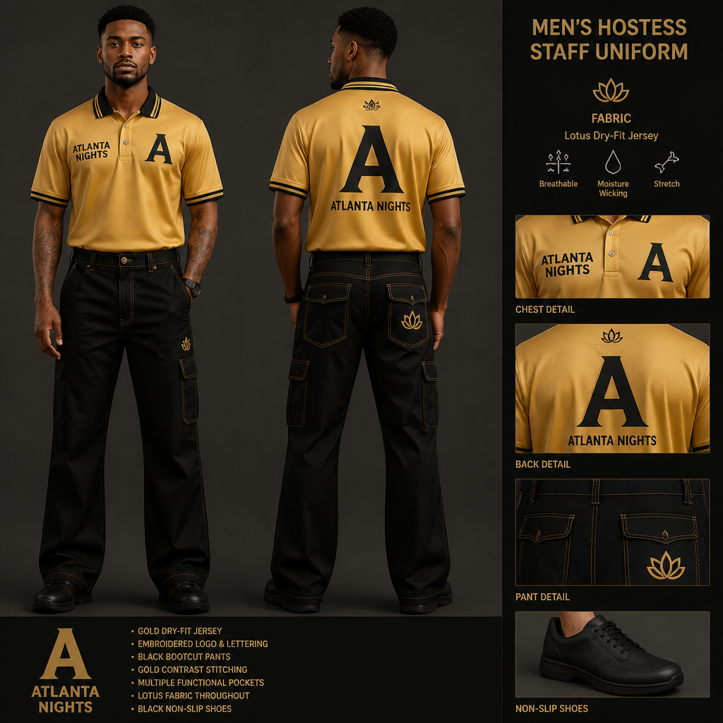 mens hostess staff uniform with gold dry fit jersey with ATLANTA NIGHTS business logo tucked in with black bootcut fit pants with multiple pockets and relaxed and gold stitching, streetwear inspired and black non-slip shoes. The uniform is made of lotus fabric. Remove the lotus flower symbol from the uniform and add large letter A
Men's hostess staff uniform: Gold dry-fit jersey with "ATLANTA NIGHTS" logo and large "A" letter, tucked in. Black bootcut pants, relaxed fit, multiple pockets, gold stitching. Streetwear style. Lotus fabric throughout. Black non-slip shoes.