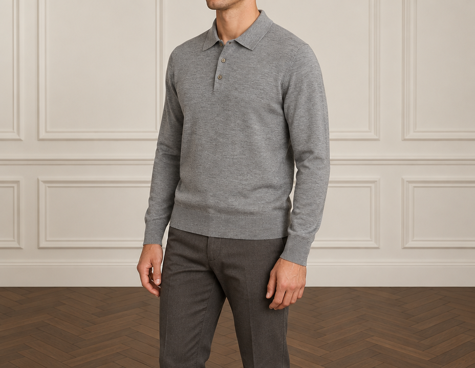 On-model photoshoot (studio)
Show the garment from the image worn by a professional fashion model standing in a professional photo studio with a clean seamless background and soft editorial lighting. Reproduce the garment's exact design, color, fabric and details faithfully. Full-body shot, photorealistic, no text. Additional instructions: Premium men's fashion e-commerce product photography of the EXACT jumper from the supplied product reference, matching the established premium catalogue pose, body rotation, camera angle, proportions and interior studio aesthetic.
The supplied jumper is the ABSOLUTE PRODUCT REFERENCE.
The JUMPER is the MAIN PRODUCT and must be reproduced with maximum accuracy.
COMPOSITION — ABSOLUTELY CRITICAL:
Create a premium men's fashion catalogue photograph focused primarily on the jumper.
Show the male model approximately from the LOWER CHIN / NECK AREA down to the MID-THIGH AREA.
The framing must be slightly wider and slightly more distant than a tight upper-body crop.
The purpose of the wider framing is to show BOTH:
1. the complete jumper clearly,
2. the architectural studio wall AND visible wooden parquet floor in the same image.
The complete jumper must be visible:
neckline,
collar if present,
shoulders,
chest,
sleeves,
cuffs,
waist,
bottom hem.
Both complete arms must be visible.
Both hands must be visible.
The upper portion of the trousers or jeans must be visible.
The frame should extend low enough to clearly show a visible section of the DARK BROWN HERRINGBONE PARQUET FLOOR.
The transition between the wall and floor must be visible.
DO NOT crop so tightly that only the wall is visible.
DO NOT create a chest-only crop.
DO NOT create a waist-up crop.
DO NOT crop the bottom hem of the jumper.
DO NOT crop the cuffs.
DO NOT crop the hands.
The jumper must remain the MAIN visual focus even though more of the studio environment is visible.
NO FULL FACE VISIBLE.
The eyes, nose and main facial features must remain completely outside the frame.
Only the lower chin / jawline and neck may appear at the top of the frame.
POSE — MATCH THE ESTABLISHED REFERENCE:
Use the same calm, masculine, sophisticated premium catalogue pose.
The model stands in a subtle natural THREE-QUARTER / SEMI-SIDE position relative to the camera.
The body must NOT be completely front-facing.
The LEFT SHOULDER is positioned slightly FORWARD and slightly CLOSER TO THE CAMERA.
The RIGHT SHOULDER is positioned slightly FARTHER BACK.
The LEFT SIDE of the torso is slightly closer to the camera.
The torso and hips follow the same subtle natural rotation.
Use approximately 10–20 degrees of body rotation.
The rotation must remain subtle.
Do NOT create a strong side profile.
Do NOT mirror the pose.
Do NOT put the RIGHT SHOULDER forward.
Do NOT make the shoulders completely symmetrical and frontal.
LEFT SHOULDER FORWARD is mandatory.
The pose must look calm, relaxed, masculine and premium.
ARMS AND HANDS:
Both arms hang naturally and STRAIGHT DOWN alongside the body.
Both hands remain naturally positioned beside the outer thighs.
The elbows remain naturally straight with minimal anatomical relaxation.
Hands are relaxed.
Fingers are naturally relaxed and slightly separated.
The arms and hands follow the natural three-quarter perspective of the body.
No hands in pockets.
No crossed arms.
No raised arms.
No touching the jumper.
No adjusting the neckline.
No adjusting the sleeves.
No pulling the cuffs.
No pulling the hem.
No touching the trousers.
No fashion gestures.
JUMPER — ABSOLUTE PRODUCT PRESERVATION:
Use the EXACT jumper from the supplied product image.
The generated jumper must look like the EXACT SAME physical product as in the source photograph.
Preserve the exact:
design,
color,
shade,
fabric,
material,
fabric texture,
knit structure,
knit density,
surface finish,
silhouette,
fit,
proportions,
length,
shoulder width,
shoulder construction,
chest width,
waist width,
neckline,
collar construction,
sleeve shape,
sleeve width,
sleeve length,
cuffs,
cuff width,
bottom hem,
ribbing if present,
stitching,
seams,
logos if present,
buttons if present,
zipper if present,
pockets if present,
and every other original construction detail.
Do NOT redesign the jumper.
Do NOT change its color.
Do NOT change its shade.
Do NOT change its material.
Do NOT change its fabric texture.
Do NOT change the knit structure.
Do NOT change the original fit.
Do NOT make it tighter.
Do NOT make it looser.
Do NOT make it oversized.
Do NOT shorten it.
Do NOT lengthen it.
Do NOT change the neckline.
Do NOT change the collar.
Do NOT change the shoulders.
Do NOT change the sleeves.
Do NOT change the cuffs.
Do NOT change the bottom hem.
Do NOT add details that are not present.
Do NOT remove original details.
Do NOT add contrasting trim unless it exists in the source image.
Do NOT add logos or branding that are not present.
The exact product identity must remain unmistakable.
FABRIC — MATCH THE SUPPLIED PRODUCT:
Analyze the actual fabric and knit structure of the supplied jumper and reproduce it accurately.
Preserve the exact visual character of the original material.
The fabric must look premium, realistic and tactile.
Accurately reproduce:
surface texture,
knit fineness,
knit density,
softness,
fabric weight,
natural drape,
and natural surface finish.
If the supplied jumper is made from viscose or a smooth fine knit:
preserve a smooth,
fine,
soft,
fluid,
refined,
supple,
premium appearance with only a very subtle natural luster.
If the supplied jumper has another fabric or knit structure:
follow the SOURCE PRODUCT exactly.
Do NOT automatically make every jumper look like viscose.
The source product determines the material appearance.
Never make the fabric artificially glossy.
Never create plastic-looking material.
Never create a wet-look effect.
Never make the garment look like satin or synthetic plastic.
Show subtle natural fabric folds around:
the waist,
sides,
elbows,
and sleeves.
The folds must remain natural and controlled.
FIT:
Preserve the EXACT original fit of the supplied jumper.
The shoulder line must match the source product.
The chest must retain the original volume.
The sleeves must preserve their exact width and length.
The waist and bottom hem must preserve their original proportions.
Do NOT artificially tuck the jumper into the trousers unless the source image specifically shows that styling.
By default, allow the jumper to fall naturally over the waistband.
TROUSERS / JEANS — AUTOMATIC SELECTION:
The AI must independently choose the LOWER GARMENT according to the EXACT color, shade, material and style of the supplied jumper.
The trousers shown in any pose reference are NOT mandatory.
DO NOT automatically reproduce the same trousers every time.
Different jumpers should be combined with different suitable trousers or jeans.
The AI may choose between:
— refined tailored trousers,
— clean smart-casual trousers,
— premium chinos,
— straight-fit jeans,
depending on which option best complements the specific jumper.
The COLOR of the lower garment must also be selected independently.
Possible sophisticated colors include:
black,
charcoal,
graphite,
dark grey,
medium grey,
light grey,
navy,
dark navy,
brown,
dark brown,
chocolate,
taupe,
stone,
beige,
sand,
cream,
off-white,
ecru,
olive,
dark denim,
medium denim,
light denim,
or another sophisticated muted shade.
Do NOT use the same trouser color in every generation.
Do NOT automatically use beige trousers.
Do NOT automatically use black trousers.
Do NOT automatically use jeans.
Do NOT automatically use formal trousers.
Choose the TYPE and COLOR of the lower garment according to EACH specific jumper.
For darker jumpers, choose lighter, medium or dark trousers according to the most sophisticated balance.
For lighter jumpers, choose darker, medium or tonal trousers according to the complete color harmony.
For colored jumpers, choose a tasteful neutral or complementary muted shade.
Avoid loud colors.
Avoid bright saturated trousers.
Avoid unnecessary strong contrast.
IMPORTANT:
THE JUMPER IS FIXED.
THE LOWER GARMENT IS FLEXIBLE.
NEVER CHANGE THE JUMPER COLOR TO MATCH THE TROUSERS.
CHANGE THE TROUSERS OR JEANS TO COMPLEMENT THE JUMPER.
THE AI CHOOSES THE MOST APPROPRIATE LOWER GARMENT FOR EACH SPECIFIC JUMPER.
The lower garment must remain visually secondary.
The jumper must always remain the main product.
CAMERA AND FRAMING:
Use a slightly wider premium catalogue composition than a normal upper-body crop.
Camera positioned approximately at CHEST LEVEL.
Move the camera slightly farther away from the model so the composition includes:
the lower chin / neck,
complete shoulders,
complete jumper,
both full arms,
both hands,
upper legs,
the visible architectural wall,
the wall-to-floor transition,
and a clearly visible section of parquet floor.
The frame should extend approximately to MID-THIGH.
Do NOT zoom in too tightly.
Do NOT fill the entire frame with only the torso.
The model should occupy approximately 70–80% of the image height.
Leave enough environmental space around the model so the studio interior is clearly recognizable.
Natural premium catalogue perspective.
The camera observes the model from the same subtle three-quarter angle as the body.
The LEFT side of the model is slightly closer to the camera.
No wide-angle distortion.
No dramatic perspective.
No exaggerated shoulders.
No distorted torso.
No distorted arms.
No distorted hands.
STUDIO ENVIRONMENT — ABSOLUTELY MANDATORY:
The model MUST stand in the established premium European-style INTERIOR STUDIO.
The environment must NOT be replaced by a plain photography backdrop.
BOTH THE WALL AND THE FLOOR MUST BE CLEARLY VISIBLE IN THE SAME IMAGE.
BACKGROUND WALL:
Use a warm OFF-WHITE / LIGHT GREIGE architectural interior wall.
The wall must contain clearly visible CLASSIC RECTANGULAR DECORATIVE WALL MOULDING.
The moulding must look:
architectural,
elegant,
subtle,
symmetrical,
refined,
and premium.
Multiple rectangular moulding sections should be visible behind and around the model.
The wall must look like a real sophisticated interior wall.
DO NOT use a plain wall.
DO NOT use a seamless photography backdrop.
DO NOT use a grey cyclorama.
DO NOT use an infinity wall.
DO NOT use a paper backdrop.
FLOOR — ABSOLUTELY CRITICAL:
A clearly visible section of DARK WARM BROWN NATURAL WOOD PARQUET FLOOR MUST appear in the image.
The floor must NOT be hidden below the frame.
The floor must have a refined HERRINGBONE PARQUET PATTERN.
The herringbone pattern must be clearly recognizable.
Use:
rich dark warm brown tones,
natural wood grain,
subtle realistic tonal variation,
and a premium matte finish.
The transition between the wall and the parquet floor must be clearly visible.
The floor must occupy a noticeable lower section of the image.
DO NOT generate only wall behind the model.
DO NOT crop above the floor line.
DO NOT hide the parquet.
DO NOT use a white floor.
DO NOT use a grey floor.
DO NOT use beige seamless flooring.
DO NOT use concrete.
DO NOT use tiles.
DO NOT use a seamless wall-to-floor background.
The architectural distinction between WALL and FLOOR is mandatory.
LIGHTING:
Soft diffused natural-looking premium studio lighting.
Warm neutral color temperature.
Use gentle directional light to accurately reveal:
the exact jumper color,
fabric texture,
knit structure,
neckline,
seams,
sleeves,
and natural fabric drape.
Maintain realistic tonal detail even in black or very dark jumpers.
Do NOT crush dark fabrics into flat black areas.
Use subtle realistic shadows.
No harsh shadows.
No dramatic lighting.
No cinematic lighting.
No spotlight effect.
No excessive contrast.
No artificial fabric shine.
ENVIRONMENT:
No furniture.
No chairs.
No tables.
No decorations.
No paintings.
No mirrors.
No plants.
No rugs.
No props.
No visible studio equipment.
The studio must feel:
premium,
quiet,
minimalist,
architectural,
warm,
sophisticated,
and expensive.
IMAGE STYLE:
Ultra-photorealistic.
Premium European menswear e-commerce photography.
Natural male anatomy.
Realistic skin texture.
Highly realistic jumper fabric texture.
Accurate knit structure.
Accurate garment construction.
Natural fabric drape.
Natural soft folds.
Soft controlled lighting.
Clean premium catalogue aesthetic.
Understated luxury.
No excessive retouching.
No cinematic effects.
No dramatic lighting.
No artificial fabric shine.
STRICT RULES — ABSOLUTELY MANDATORY:
JUMPER IS THE MAIN PRODUCT.
USE THE EXACT JUMPER FROM THE SUPPLIED PRODUCT IMAGE.
PRESERVE THE EXACT:
COLOR,
SHADE,
MATERIAL,
TEXTURE,
KNIT STRUCTURE,
FIT,
PROPORTIONS,
LENGTH,
NECKLINE,
SHOULDERS,
SLEEVES,
CUFFS,
BOTTOM HEM,
AND ALL ORIGINAL PRODUCT DETAILS.
DO NOT RECOLOR THE JUMPER.
DO NOT REDESIGN THE JUMPER.
DO NOT CHANGE THE ORIGINAL FIT.
FRAME FROM LOWER CHIN / NECK TO APPROXIMATELY MID-THIGH.
NO FULL FACE VISIBLE.
COMPLETE JUMPER VISIBLE.
BOTH SHOULDERS VISIBLE.
BOTH COMPLETE SLEEVES VISIBLE.
BOTH HANDS VISIBLE.
SUBTLE THREE-QUARTER / SEMI-SIDE POSITION.
LEFT SHOULDER FORWARD AND CLOSER TO CAMERA.
RIGHT SHOULDER SLIGHTLY BACK.
LEFT SIDE OF TORSO CLOSER TO CAMERA.
NEVER MIRROR THE POSE.
NEVER PUT THE RIGHT SHOULDER FORWARD.
NEVER MAKE THE MODEL COMPLETELY FRONT-FACING.
BOTH ARMS STRAIGHT DOWN.
BOTH HANDS RELAXED BESIDE THE THIGHS.
NO HANDS IN POCKETS.
NO FASHION GESTURES.
THE AI MUST CHOOSE THE TROUSERS OR JEANS ITSELF ACCORDING TO THE SPECIFIC JUMPER.
TROUSER TYPE MAY CHANGE BETWEEN DIFFERENT JUMPERS.
TROUSER COLOR MAY CHANGE BETWEEN DIFFERENT JUMPERS.
DO NOT USE THE SAME LOWER GARMENT EVERY TIME.
THE LOWER GARMENT IS SECONDARY.
THE JUMPER ALWAYS REMAINS THE MAIN PRODUCT.
STUDIO IS MANDATORY.
BOTH WALL AND FLOOR MUST BE VISIBLE.
WARM OFF-WHITE / LIGHT GREIGE WALL.
CLEAR CLASSIC RECTANGULAR WALL MOULDING.
VISIBLE WALL-TO-FLOOR TRANSITION.
CLEARLY VISIBLE DARK WARM BROWN HERRINGBONE PARQUET FLOOR.
DO NOT CROP ABOVE THE FLOOR LINE.
DO NOT GENERATE WALL ONLY.
NO PLAIN BACKDROP.
NO SEAMLESS BACKGROUND.
NO CYCLORAMA.
SOFT PREMIUM NATURAL-LOOKING CATALOGUE LIGHTING.
MATCH THE ESTABLISHED PREMIUM INTERIOR STUDIO AESTHETIC AS CLOSELY AS POSSIBLE..