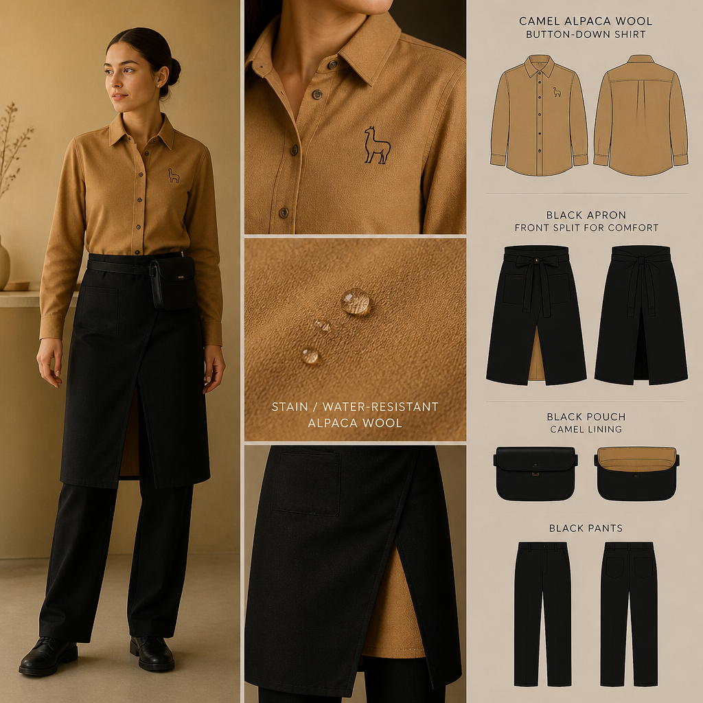 Create a uniform for wait staff that is camel colored, tailored, relaxed fit, made of alpaca wool, stain-resistant, and water-resistant. Include pants and apron. Button-down shirt should be camel colored with black lining with black embroidered letters that state The Georgian Crystal at Blue Ridge Resort and include a Southern Live Oak Tree with Spanish Moss and Peach Trees with fallen peaches; pants should be black, and the apron and pouch should be black. The black apron and black pouch should have camel lining. The black apron needs to have a small front camel-lined split for men and and women
Camel alpaca wool uniform: relaxed-fit tailored button-down shirt with black logo embroidery, stain/water-resistant. Black pants. Black apron and pouch with camel lining, apron with front split for comfort.