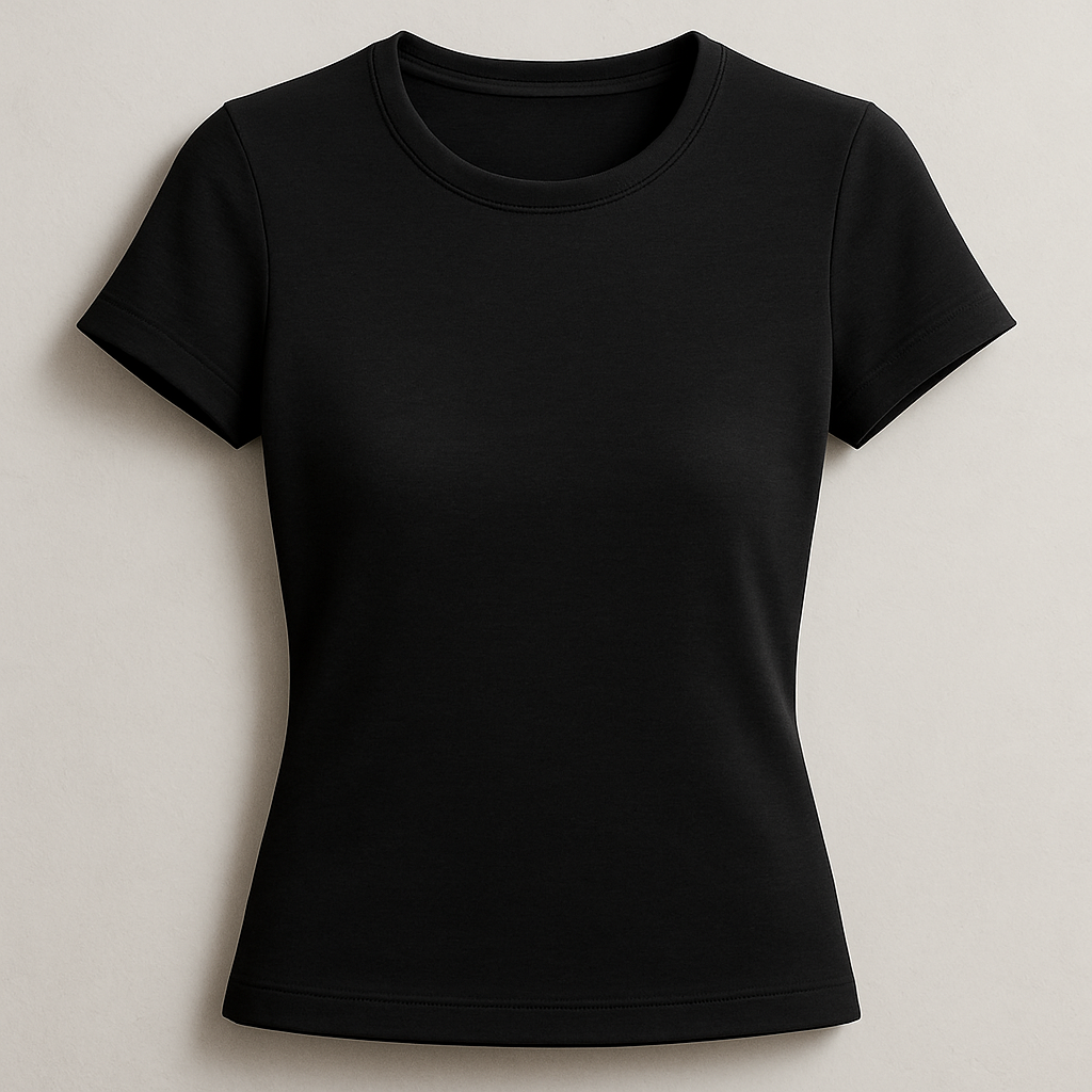 A premium women’s crop black colour , basic crew neck t-shirt, slim fit, ending just below the bust line, made of first-class high-quality cotton fabric with a soft luxurious texture. Short sleeves, minimal and elegant design. Ghost mannequin hollow man style photography, the t-shirt looks 3D as if worn by an invisible model, perfectly shaped and realistic slim fit. Photographed in natural daylight, clean background, ultra-detailed premium cotton fabric texture, hyperrealistic stitches, 3D/4D depth of field close-up, fashion e-commerce product photography aesthetic.


Classic fashion design: A women's black cotton crew neck t-shirt. Slim fit, ending below the bust. Soft, luxurious texture. Minimal, elegant design. Classic, refined.