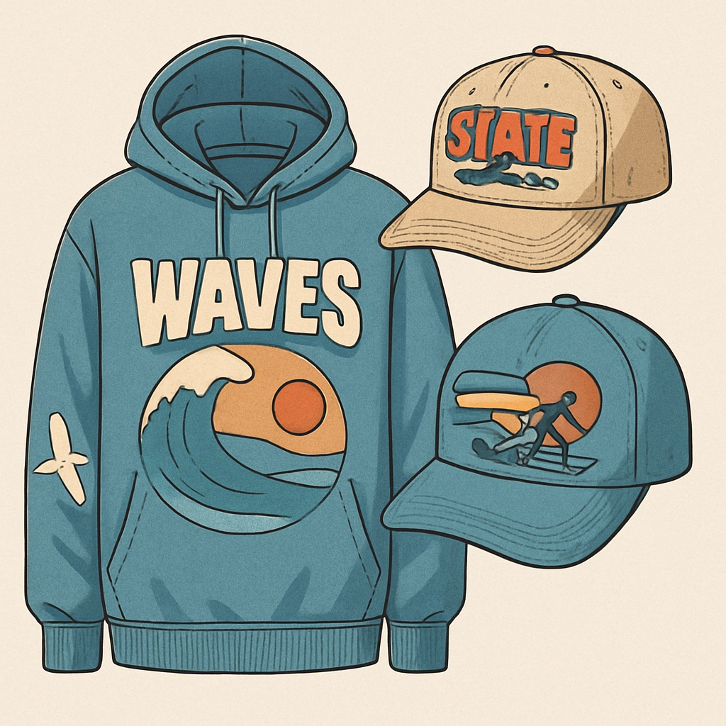 Create a variety of streetwear-style hat logo and hoodie graphics and logos, featuring bold, trendy designs inspired by California surf and urban lifestyle. Include abstract patterns, oversized typography, retro logos, subtle animal motifs like seagulls, waves, sunsets, skaters, or cars. Designs should be youthful, casual, and edgy, suitable for screen printing on apparel. Use muted pastels, washed denim blues, and earth tones, with clean lines and modern style. Vector-ready, high-detail, wearable streetwear aesthetic

Streetwear fashion design: Streetwear hoodie and hat designs. Loose fit. Cotton fabric. Washed denim blue, muted pastel, earth tones. Bold, oversized typography, abstract patterns, retro logos. Seagulls, waves, sunsets, skaters, or cars motifs. Clean lines, screen print ready.