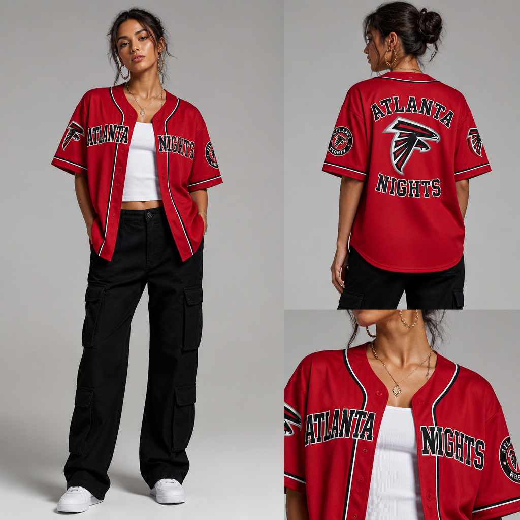 Womens Red short sleeve baseball jersey with company name ATLANTA NIGHTS and a falcon and hawks patch, opened with a white tank top underneath, and black cargo no jean pants
Women's red, short-sleeve, cotton baseball jersey, relaxed fit, with "ATLANTA NIGHTS" text and falcon/hawks patches. Worn open over a white cotton tank top. Paired with black cargo pants, straight leg.