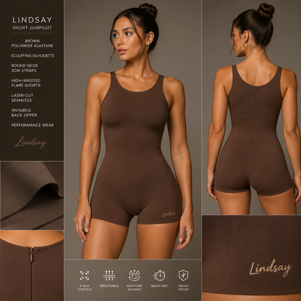 combinaison bermuda marron qui arrive 2cm au dessus des genoux, matiere 76 % de polyamide / 24 % d’élastane , scultante , col rond , bride de 2cm de largeur , ventre gainant et short taille haute en flare , fessier galbant et push up, toute la combinaison est coupée au laser sans couture , tirette à l'arrière est invisible , la marque est ecrit en bas cote droit "Lindsay" en tout petit rafinnée marron
Brown polyamide-elastane short jumpsuit. Sculpting silhouette, round neck, 2cm straps, high-waisted flare shorts. Laser-cut, seamless. Invisible back zipper. "Lindsay" logo bottom right. Performance wear.