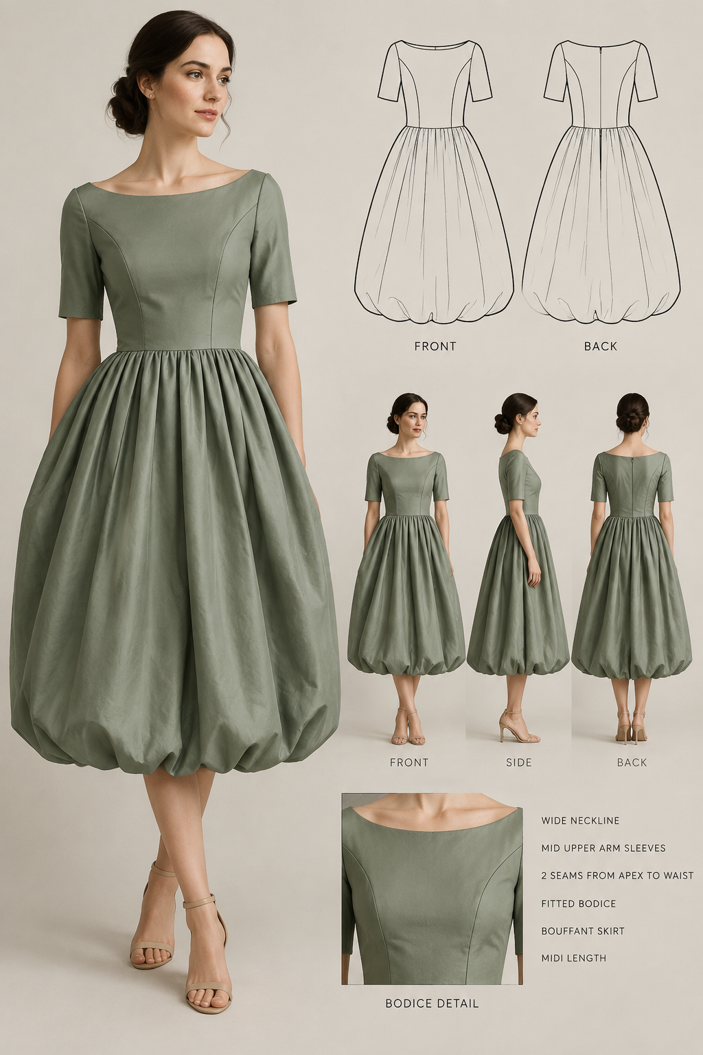 midi-dress, with wide neckline, mid upper arm sleeves, 2 seems from apex to the waist, fitted bodice, bouffont skirt
midi-dress, with wide neckline, mid upper arm sleeves, 2 seems from apex to the waist, fitted bodice, bouffont skirt