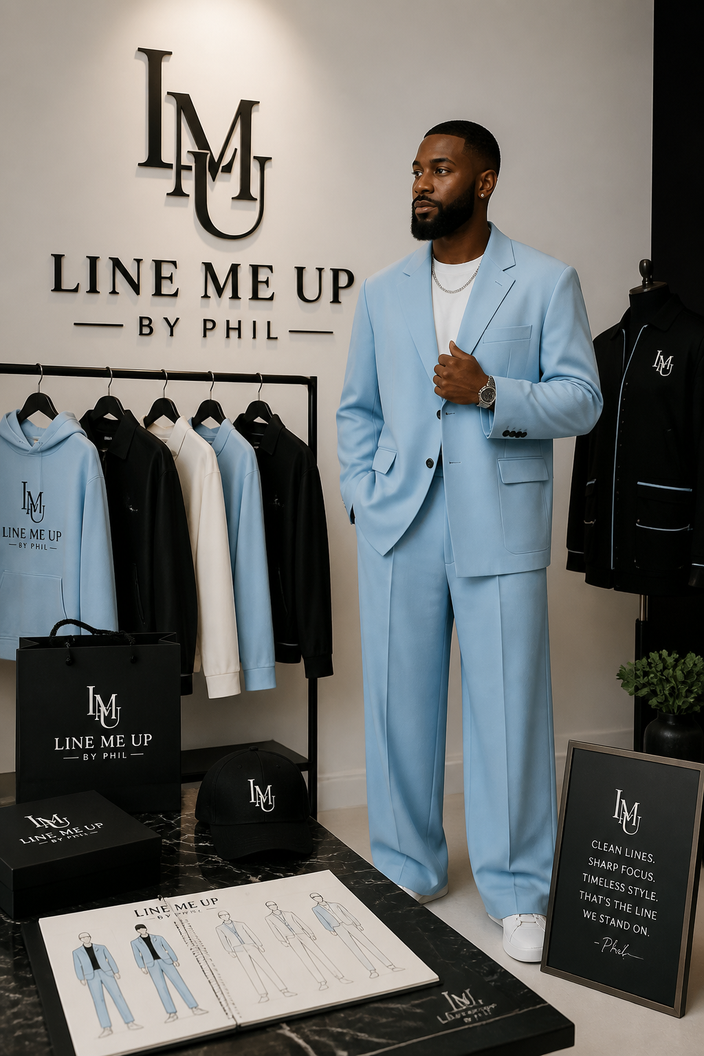 Include logo: Line Me Up By Phil. Show a black man owner dressed in a sky blue relaxed fit suit
Include logo: Line Me Up By Phil. Show a black man owner dressed in a sky blue relaxed fit suit