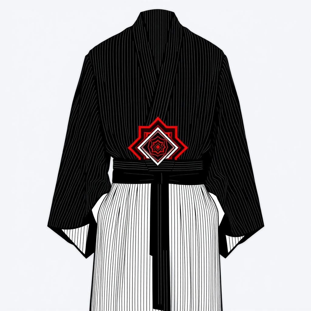 Design a men's kimono with a futuristic, minimalist aesthetic. Incorporate vertical lines and subtle red accents for contrast, using a refined pinstripe pattern. The kimono should have a shamanic, futuristic vibe with bold geometric elements and a sleek, modern silhouette. The base color should be black, with the red and pinstripe details adding a sophisticated touch of color and depth. The design should evoke both tradition and innovation, blending spiritual and technological elements."

A black men's kimono, sleek and modern. Vertical lines create an elongated silhouette, enhancing grace. Refined pinstripes weave subtle sophistication. Shamanic motifs emerge through bold geometric patterns, merging the ancient with the contemporary. Accents of rich red pop against the deep black, embodying balance. Spiritual elegance meets cutting-edge innovation, timeless yet avant-garde.