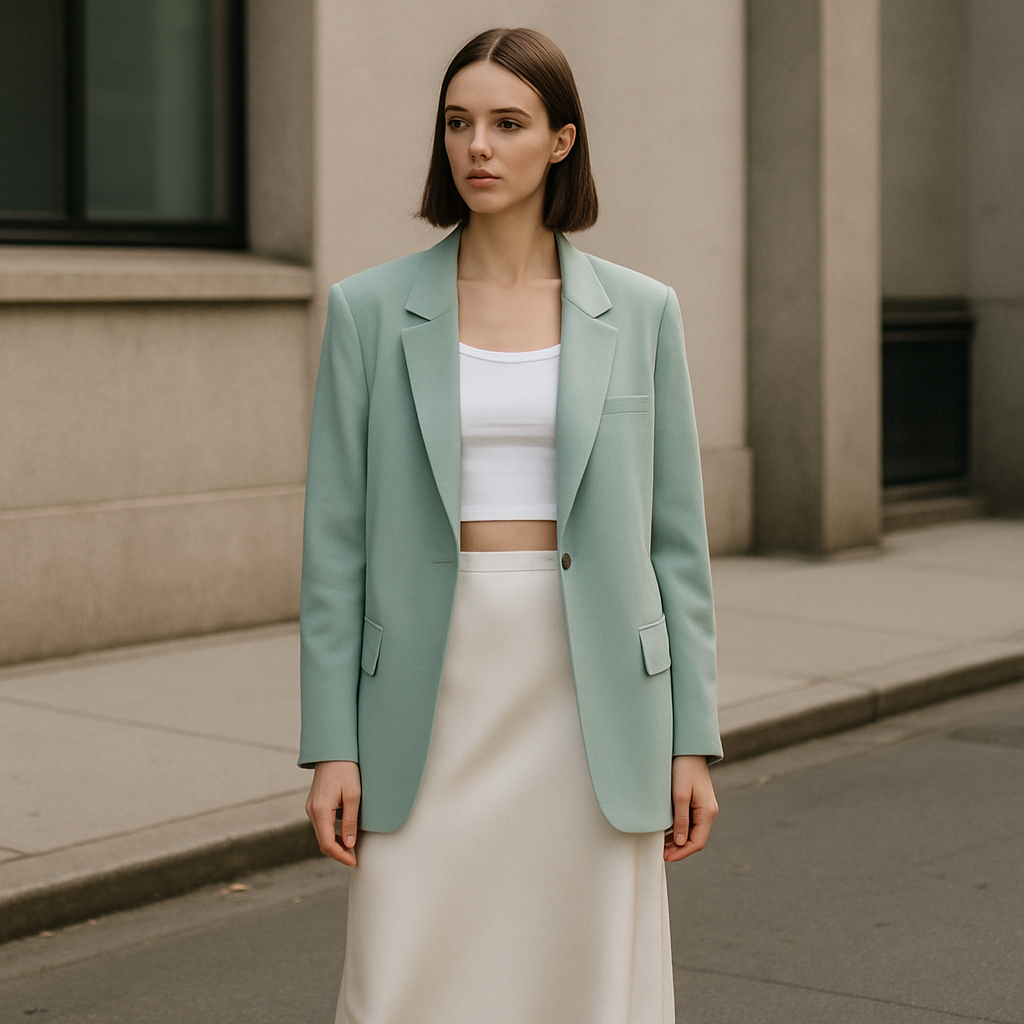 Street style full-body fashion photo of a female model in a modern urban setting. She wears a silky ecru satin midi skirt paired with a fitted white crop top and a pastel mint oversized blazer. The look is styled as a total look outfit, chic, trendy, and Instagram-friendly. Show the full model from head to toe, do not crop the body. Highlight the silky texture of the ecru satin skirt and the fresh pastel mint blazer contrast. Soft daylight, dreamy atmosphere, high-quality fashion photography.
Minimalist fashion design: Street fashion photo of a female model in an urban setting. She wears a silky ecru midi skirt, a white fitted crop top, and a mint oversized blazer. Simple, clean lines define the silhouette. The fit is relaxed yet structured. Soft daylight.