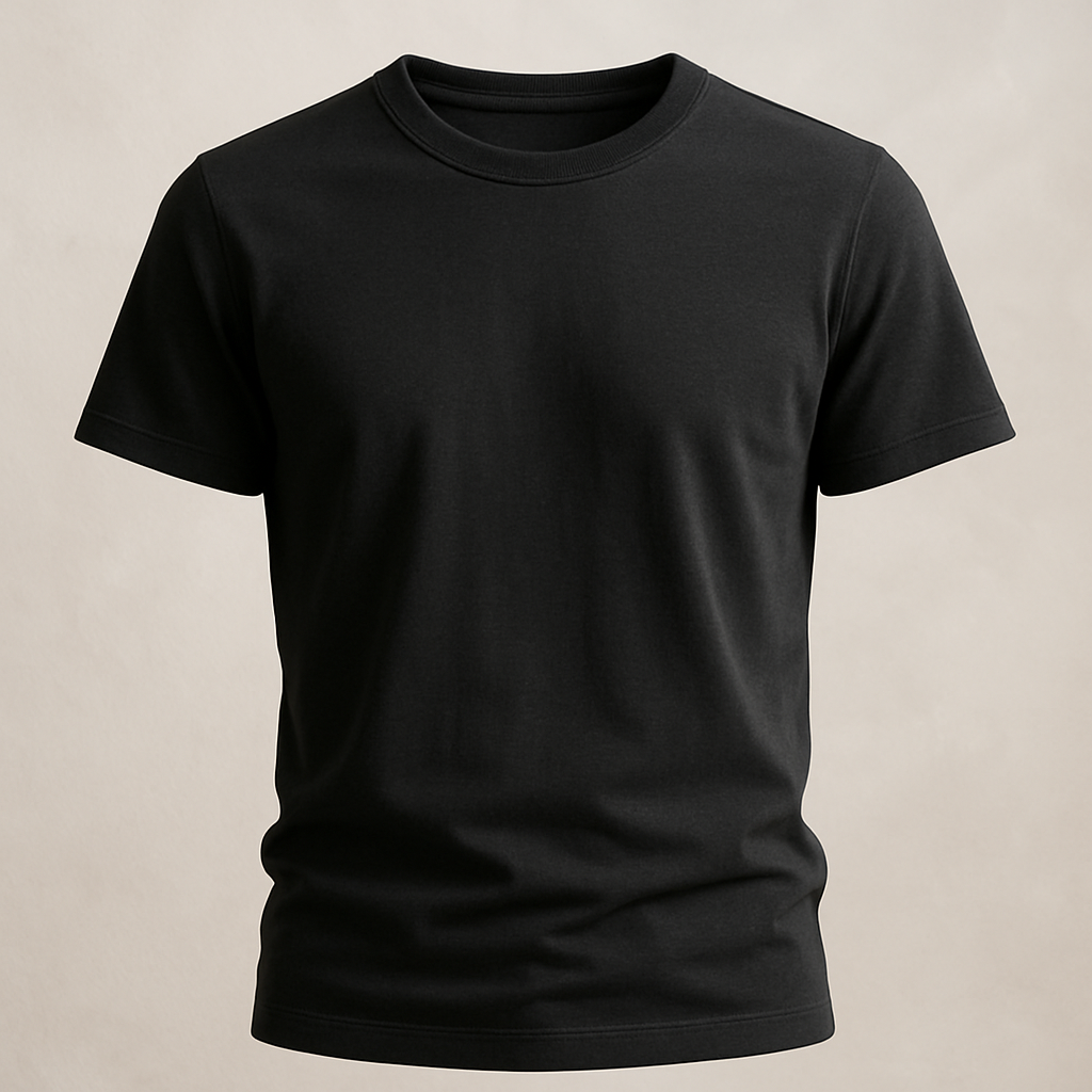 A premium women’s basic black colour crew neck t-shirt, slim-relaxed fit, made of first-class high-quality cotton fabric with a soft luxurious texture, short sleeves, minimal and elegant design. Ghost mannequin hollow man style photography, the t-shirt looks 3D as if worn by an invisible model, perfectly shaped and realistic fit. Photographed in natural daylight, clean background, ultra-detailed premium cotton fabric texture, hyperrealistic stitches, 3D/4D depth of field close-up, fashion e-commerce product photography aesthetic.
Classic fashion design: A classic black crew neck t-shirt. Cotton, soft. Slim-relaxed fit, short sleeves. Minimal design. Photographed on a ghost mannequin in natural light, showcasing hyperrealistic fabric and stitching.