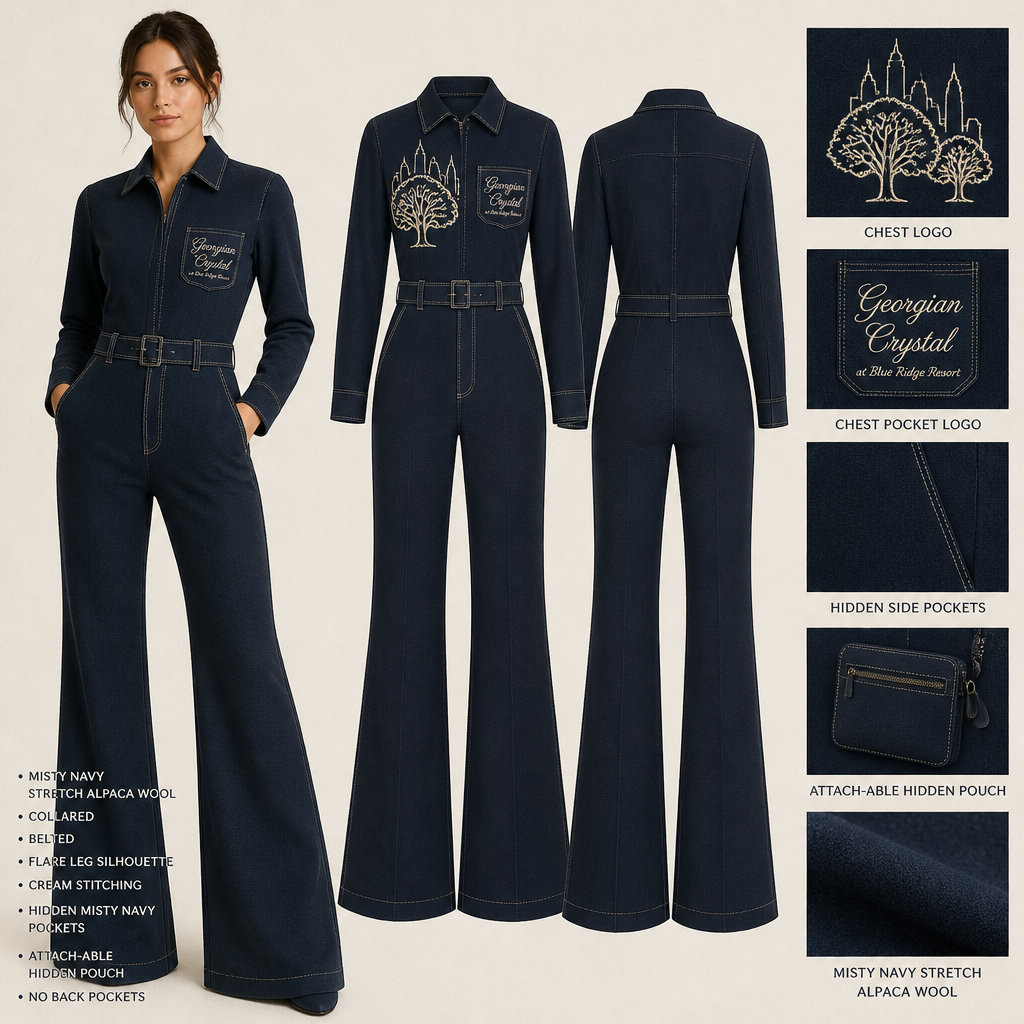 misty navy warm, collared, belted, and stretchy long-sleeve timeless elegance professional flare leg non-jean jumpsuit made of alpaca wool with cream cursive font embroidered "Georgian Crystal at Blue Ridge Resort" logo pocket with cream stitching, then add hidden misty navy pockets. Make sure non-sheen pockets have cream stitching. Include an attachable hidden misty navy pouch to hold pens, a small pen pad, front office cordless phone, and front office keys. Large logo should include a cream-stitched only Southern Live Oak Tree with Spanish Moss and Peach Trees with fallen peaches, influenced by the Atlanta skyline on the front chest area only, and The entire front chest logo size should be the size of a circular plate, including the resort name within the circular plate only. Create a design for women in the front office only. Remove back pockets. Make sure logo states = Georgian Crystal at Blue Ridge Resort
Misty navy stretch alpaca wool jumpsuit, collared, belted. Flare leg silhouette. Cream cursive "Georgian Crystal at Blue Ridge Resort" logo on chest pocket, cream stitching. Large cream-stitched Southern Live Oak and Peach Trees logo, Atlanta skyline influenced, on chest. Hidden misty navy pockets with cream stitching. Attach-able hidden misty navy pouch. No back pockets.