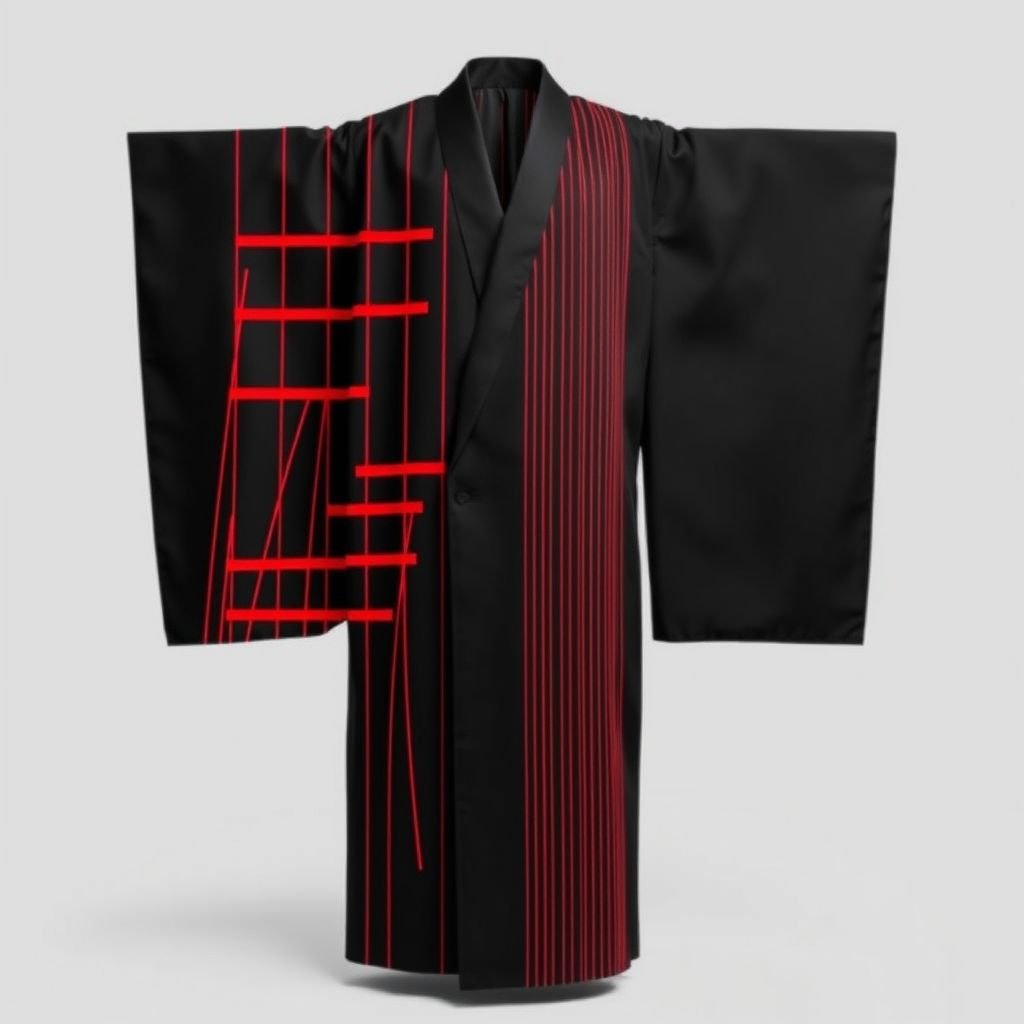 Design a men's kimono with a futuristic, minimalist aesthetic. On one side of the kimono, feature vertical lines in varying widths and lengths, randomly placed in red, creating a dynamic and fluid pattern. The other side should remain clean and simple, maintaining a sleek, modern silhouette. The base color should be black, with the red lines adding contrast and energy to one side. The overall design should combine a modern, shamanic feel, blending tradition with innovation, and evoke both spiritual and futuristic elements."

A sleek black men's kimono, striking in its minimalist form. One side adorned with vertical red lines, varying in width and length, creating a vibrant, chaotic dance. The opposite side remains pristine, echoing modern sophistication. A harmonious blend of traditional craftsmanship and futuristic innovation, exuding both spiritual depth and contemporary elegance.