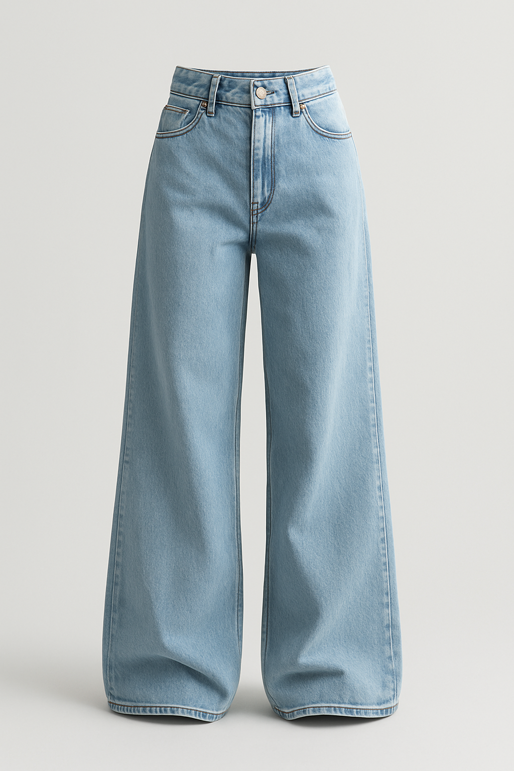High-quality ghost mannequin photo of women’s wide-leg light-wash denim jeans. Pants are gently floating in the air, shaped as if worn but without a visible mannequin. Natural fabric fall around knees and ankles, realistic denim folds and seams. Even daylight studio illumination, soft gray-white background. Emphasis on light blue washed denim texture, 3D realism, premium fashion shoot composition.
High-quality ghost mannequin photo of women’s wide-leg light-wash **denim jeans**. **Loose fit, wide-leg silhouette**. Pants gently floating, shaped as if worn. Natural fabric fall, realistic denim folds and seams. Even daylight studio illumination, soft gray-white background. Emphasis on light blue washed **denim texture**, 3D realism, premium fashion shoot composition.