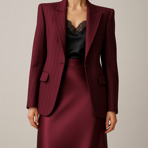 Create a full-body fashion look of a model wearing an oversized deep bordeaux wool blazer with thin white pinstripes. The blazer must have only two flap pockets at the bottom and one single button closure. No chest pocket. The blazer should have strong structured shoulders. Under the blazer, the model is wearing a delicate black satin camisole blouse with lace details. The bottom is not pants — replace it with a long, straight, high-waisted satin skirt in the same deep bordeaux tone. The skirt should be fluid, smooth, and slightly shiny, contrasting with the matte texture of the blazer. The entire styling should feel luxurious, feminine yet powerful, ideal for a modern city look.”