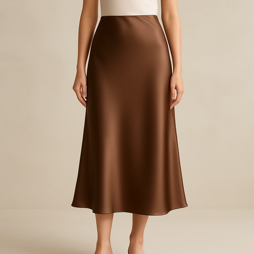 A luxury fashion product photo for an online store. A female model wears a midi satin skirt in brown . The skirt is the main focus: silky, fluid texture, premium high-quality fabric, elegant drape. Minimal styling, no blazer, no jacket, no accessories. Neutral studio-like background, soft daylight, ghost mannequin 3D/4D effect to highlight the skirt shape. Clean, minimal, professional e-commerce photography.