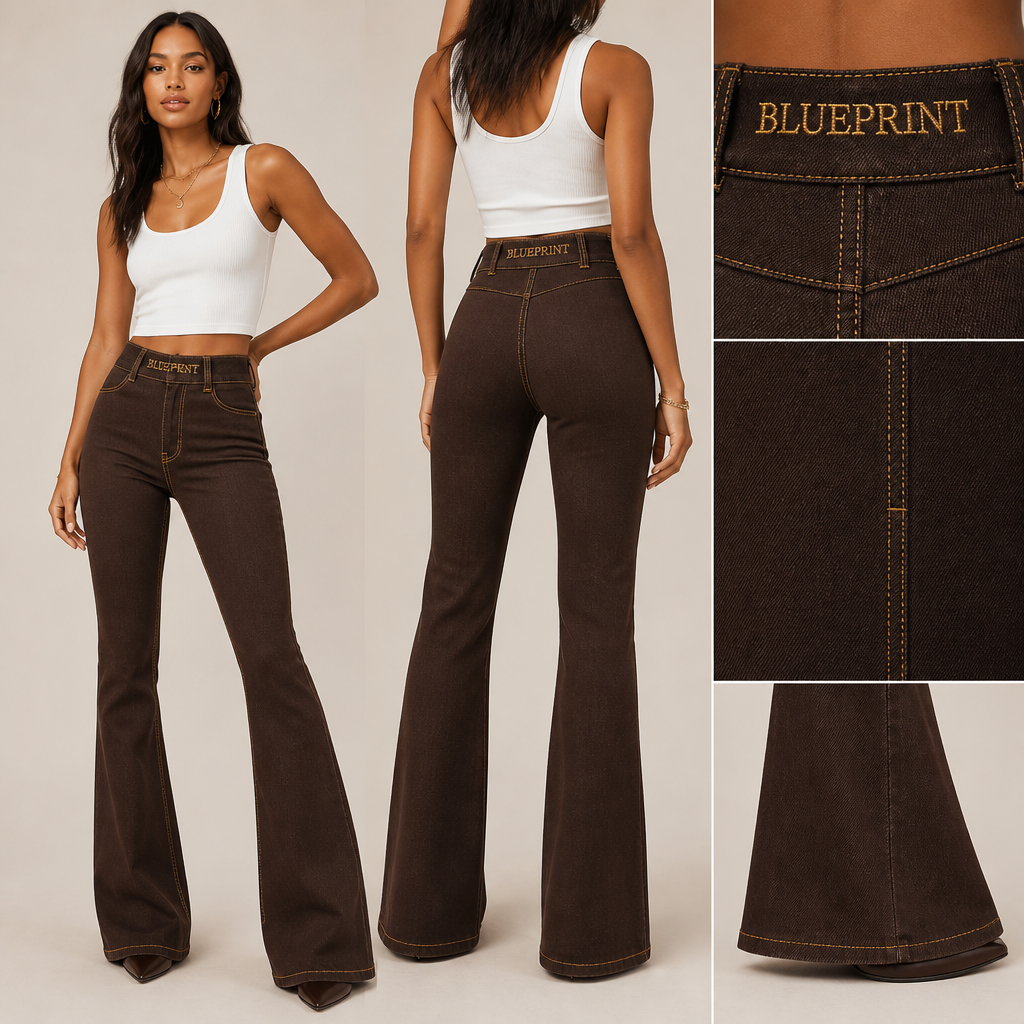Women's chocolate brown bootcut jeans with hidden pockets and gold stitching. The brand name, BLUEPRINT, should be embroidered around the belt in gold
Women's chocolate brown denim bootcut jeans, high-waisted, with hidden pockets and gold stitching. Gold embroidered "BLUEPRINT" around the belt.