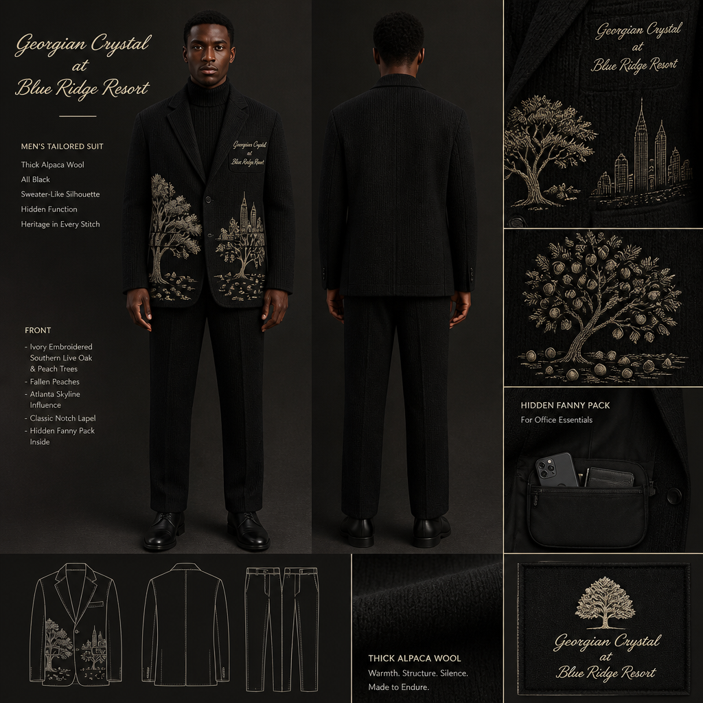 All Black warm long-sleeve alpaca wool full tailored blazer suit with black pockets. Blazer should be thick and long like a sweater. Make sure pockets have black stitching. Include an attachable, hidden black sleek fanny pack to hold pens, a small pen pad, front office cordless phone, and front office keys. The cursive logo should have the business name "Georgian Crystal at Blue Ridge Resort" embroidered with Ivory stitching only. Include an ivory embroidered Southern Live Oak Tree with Spanish Moss and Peach Trees with fallen peaches influenced by the Atlanta skyline. Please create a design for men only. logo should be located on the front of the blazer only
Men's tailored suit: all black, thick alpaca wool, long-sleeve blazer, sweater-like silhouette. Straight cut trousers. Black pockets with stitching. Hidden black fanny pack for office essentials. Logo: "Georgian Crystal at Blue Ridge Resort" in ivory cursive embroidery, plus ivory embroidered Southern Live Oak and Peach Trees with fallen peaches, Atlanta skyline influence, on blazer front.