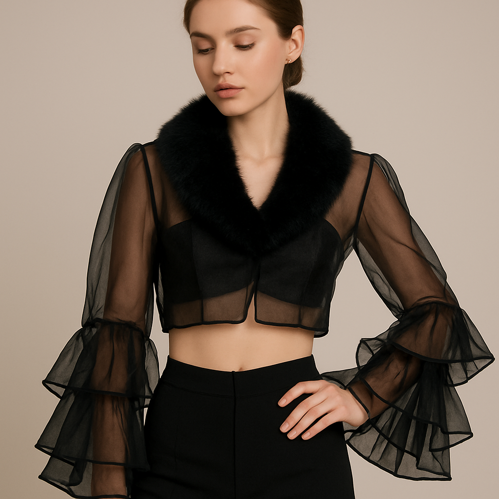 create shrug that that has see through arms and ruffles for sleeves and has fur around collars and lining
Sheer organza shrug, cropped fit, with ruffled long sleeves, faux fur collar.