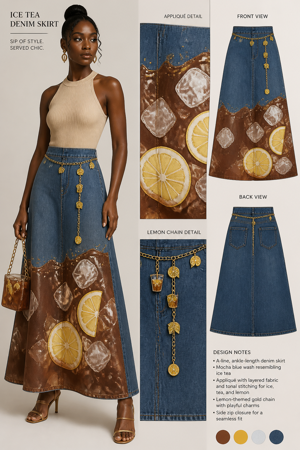 Black Women's A-line, ankle-length mocha blue jean skirt resembling ice tea by using applique with a lemon-themed chain
Black Women's A-line, ankle-length mocha blue jean skirt resembling ice tea by using applique with a lemon-themed chain