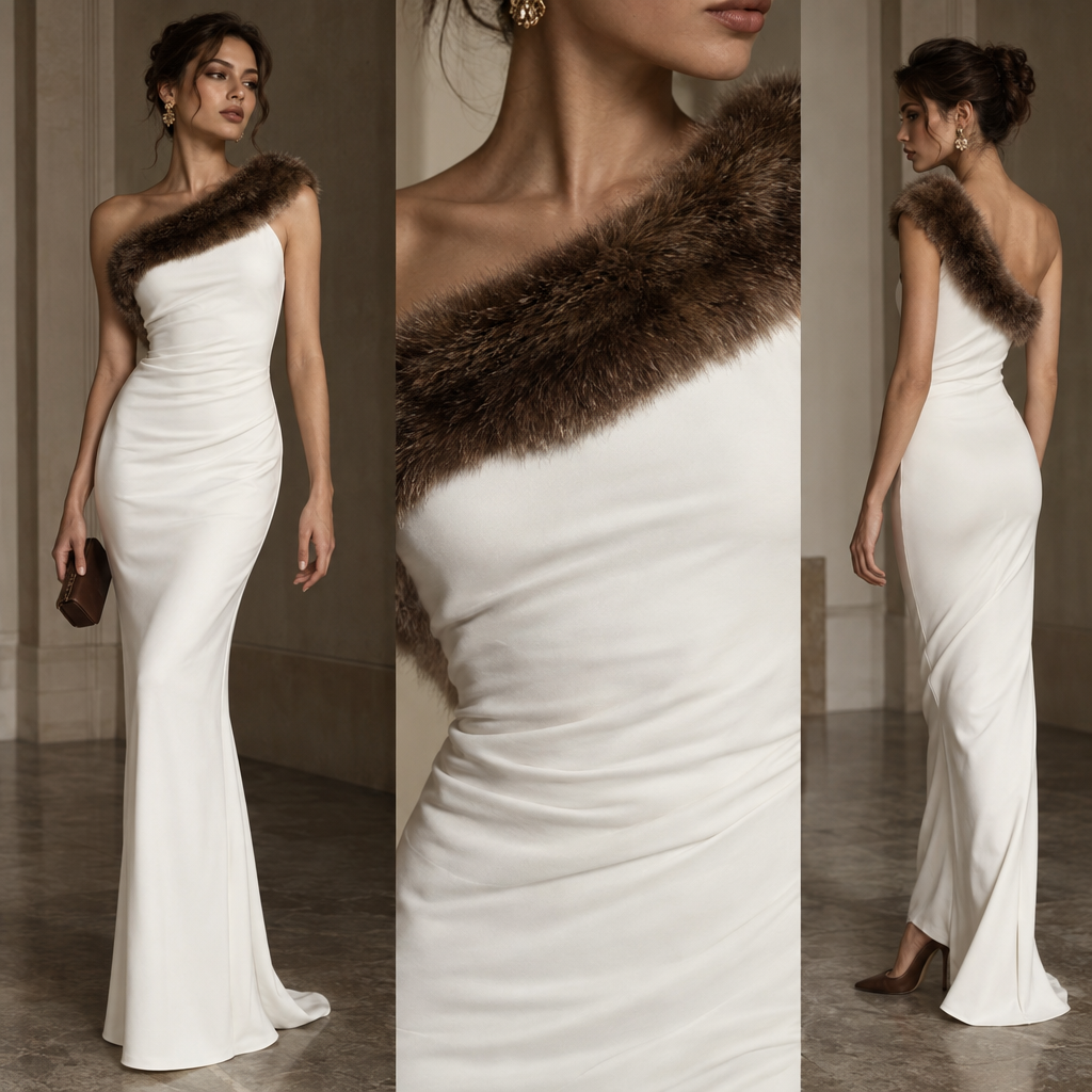 White one shoulder sleeveless long tight dress with thick brown fur lined at top of dress. Brown high heel
White one shoulder sleeveless long tight dress with thick brown fur lined at top of dress. Brown high heel, haute couture style