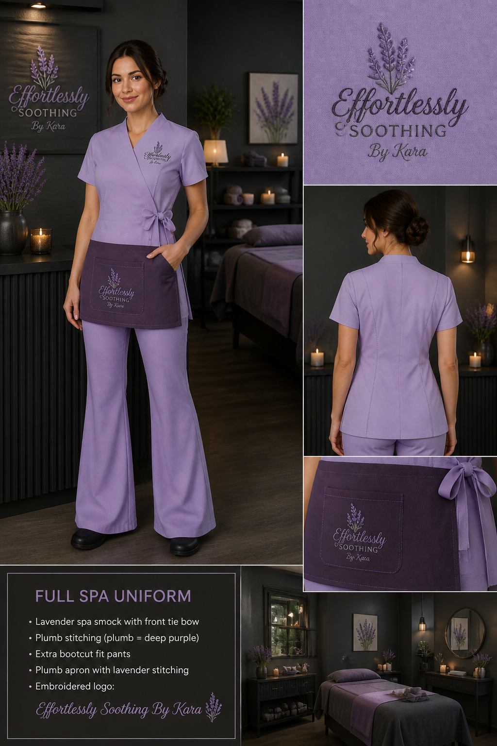 Women's lavender-colored extra bootcut fit spa full uniform smock with front tie bow and with plumb stitching. Include logo: Effortlessly Soothing By Kara. Include plumb colored apron with lavender stitching. Spa decor should be charcoal gray
Women's lavender-colored extra bootcut fit spa full uniform smock with front tie bow and with plumb stitching. Include logo: Effortlessly Soothing By Kara. Include plumb colored apron with lavender stitching. Spa decor should be charcoal gray