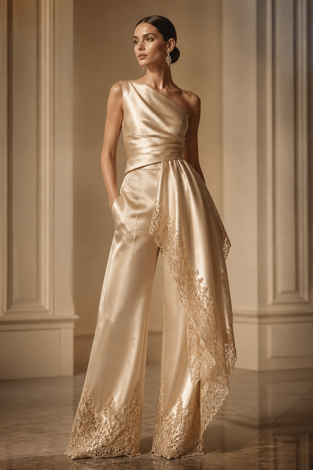 satin two piece top and pants, top with dramatic hang on one side from waist to knee with lace ends for the top and bottom
in champagne
satin two piece top and pants, top with dramatic hang on one side from waist to knee with lace ends for the top and bottom
in champagne, haute couture style