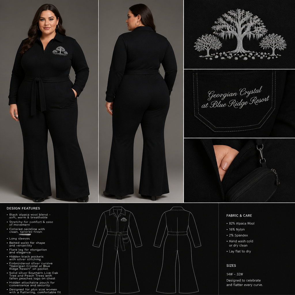Black warm collared, belted, and stretchy long-sleeve timeless elegance professional flare leg jumpsuit made of alpaca wool with silver cursive font embroidered "Georgian Crystal at Blue Ridge Resort" on front logo pocket with silver stitching, then add hidden black pockets. Make sure non-sheen pockets have silver stitching. Include an attachable hidden black pouch to hold pens, a small pen pad, front office cordless phone, and front office keys. Large logo should include a silver-stitched only Southern Live Oak Tree with Spanish Moss and Peach Trees with fallen peaches, influenced by the Atlanta skyline on the front chest area only, and The entire front chest logo size should be the size of a circular plate, including the resort name within the circular plate. Create a design for women in the front office only. Show design on plus size model
Black alpaca wool, stretchy, long-sleeve, collared, belted, flare leg jumpsuit. Embroidered silver cursive "Georgian Crystal at Blue Ridge Resort" on pocket. Solid silver Southern Live Oak Tree and Peach Trees with fallen peaches logo on chest. Hidden black pockets with silver stitching. Attachabe hidden pouch. For plus size women.