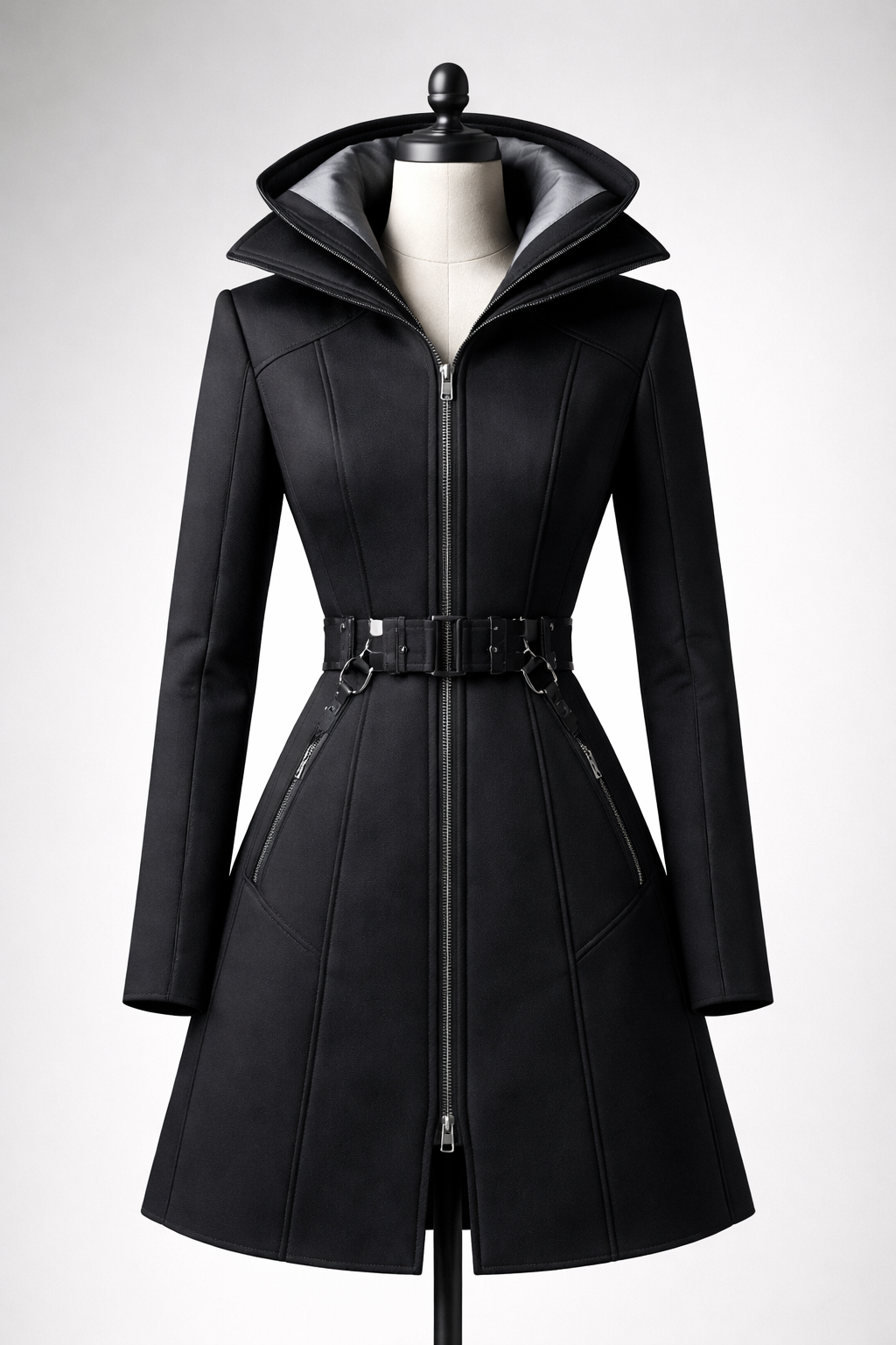 Generate one high-resolution studio fashion image of one wearable garment.
■ Design concept (core logic)
“A mechanical flower that can open and close.”
This concept must be expressed through realistic garment construction, not decorative graphics.
■ Structural requirements
-Garment type: single coat
-Closure: center-front zipper
-Pockets: two visible functional side pockets
-Signature feature: expandable petal-like collar
■ Mechanical interpretation
The coat must visibly include at least three of the following:
-Expandable layered-petal collar.
-Segmented or hinged-like paneling formed
by seam and pattern structure.
-Tension or adjustment system(straps, buckles,
pulls) that opens or closes the garment
■ Material & color
- Base fabric: structured outerwear material
- Color: black (dominant) with silver-gray
accents only
- Surface: no prints or logos; texture must
come from seams, embossing, or fabric
structure
■ Wearability
The garment must be physically constructible, balanced, and logically engineered.
■ Constraints
-The subject must be a fashion mannequin or dress form (no human model), shown full-body, front view, centered, against a plain neutral studio background with soft, even lighting.
-No accessories, no shoes, no props, no background elements. Sharp focus on garment details
Ready To Wear fashion design: "High-resolution studio fashion image of a sleek black single coat on a mannequin. Features a central zipper and two visible side pockets. The collar expands like layered petals, showing silver-gray lining. Structured fabric with visible seams forms segmented panels. A tension system of black straps and silver buckles cinches the waist. Clean design, no prints, soft studio lighting."