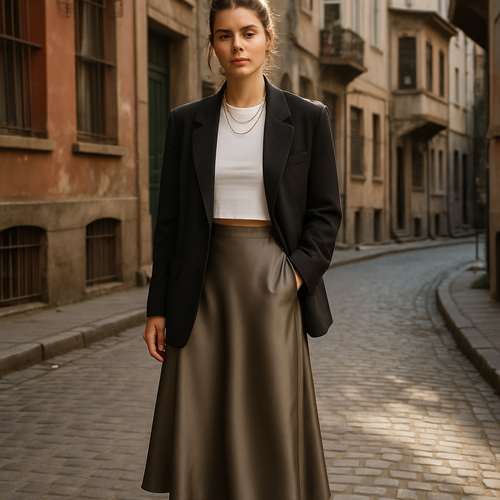 Ultra realistic full-body fashion photo of a natural female model in Istanbul retro district, daylight with soft cinematic lighting. She wears a silky satin midi skirt in [COLOR] (plain cut, no slit, no pockets, no extra seams), paired with a slim fit white crop T-shirt (crew neck, cotton jersey, high quality) and an oversized tailored blazer. Around her neck she has multiple silver necklaces layered for a statement look. On her feet black ballet flats. Hair styled in a messy bun with wavy strands falling naturally, casual yet chic. She looks cool but casual, elegant and authentic. The photo should capture head-to-toe, do not crop, with realistic fabric textures (satin fluid and soft, cotton crisp, blazer structured). Retro city street background in Istanbul, bright natural daylight, professional fashion photography.

