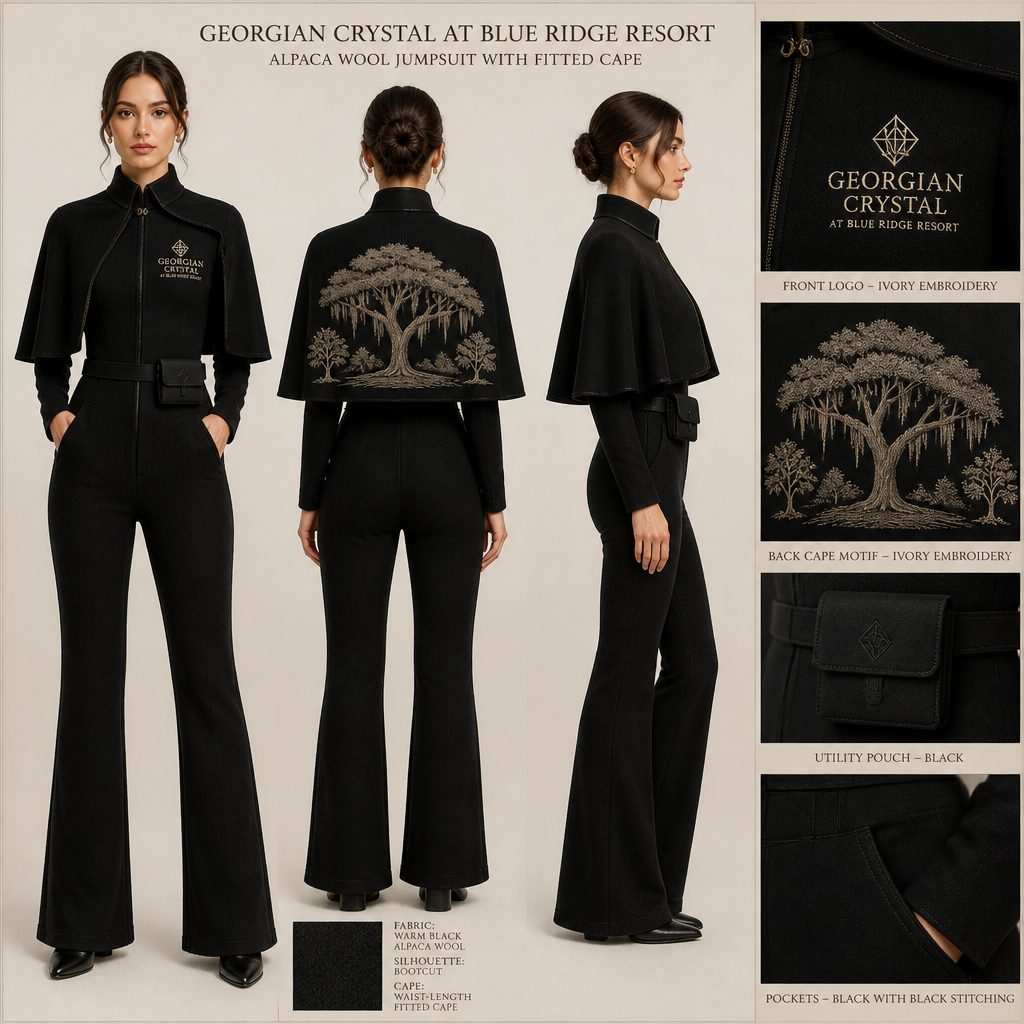 All-black warm long-sleeve cape, waist-length, all-around one-piece bootcut alpaca wool jumpsuit with "Georgian Crystal at Blue Ridge Resort" embroidered front logo with Ivory stitching, then add black pockets. Make sure pockets have black stitching. Include an attachable black pouch under the cape to hold pens, a small pen pad, front office cordless phone, and front office keys. Back of cape must show logo large with Southern Live Oak Tree With Spanish Moss and Peach Trees gracing the edges of the back cape like a skyline
Warm black alpaca wool jumpsuit, bootcut silhouette. Waist-length fitted cape. Features "Georgian Crystal at Blue Ridge Resort" logo on front with ivory embroidery, and black pockets with black stitching. Attach a black utility pouch under the cape. Back cape displays large "Southern Live Oak Tree With Spanish Moss and Peach Trees" motif.