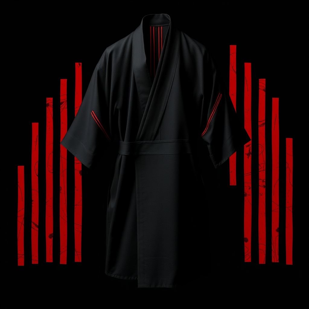 
Design a men's kimono with a futuristic, minimalist aesthetic. The kimono should feature vertical lines in varying widths and lengths, randomly placed across the fabric in red, creating a dynamic and fluid pattern. The base color should be black, with the red lines adding an energetic, yet balanced contrast. The design should evoke a modern and shamanic feel, blending tradition with innovation. The overall silhouette should be sleek, clean, and sophisticated, combining spiritual and futuristic elements."


A men's kimono, black canvas, adorned with bold red vertical lines, alive with dynamic patterns. Minimalist silhouette, sleek and sophisticated, offering a fusion of tradition and futurism. Elegant draping, smooth fabric, an airy quality. Shamanic energy infused through modernity, creating a striking visual harmony, compelling and contemporary, a statement of style.