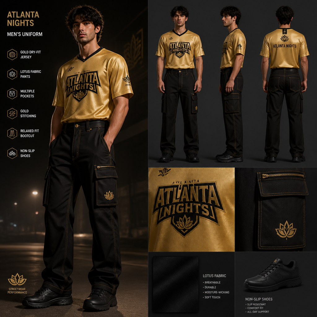 mens hostess staff uniform with gold dry fit jersey with ATLANTA NIGHTS business logo tucked in with black bootcut fit pants with multiple pockets and relaxed and gold stitching, streetwear inspired and black non-slip shoes. The uniform is made of lotus fabric. Remove lotus flower symbol from the uniform
Men's uniform: Gold dry-fit jersey, tucked-in, with "ATLANTA NIGHTS" logo. Paired with black bootcut pants, multiple pockets, relaxed fit, gold stitching. Streetwear style, lotus fabric. Black non-slip shoes.