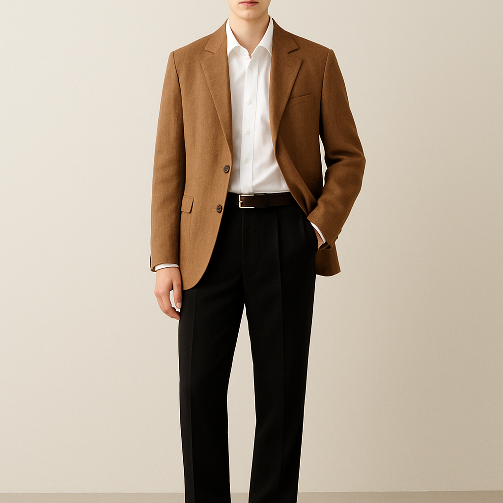 coffee blazer, white shirt, black pants and black belt and black shoes outfit

Coffee linen blazer, white cotton shirt, black wool straight-leg pants, black leather belt, black leather shoes.