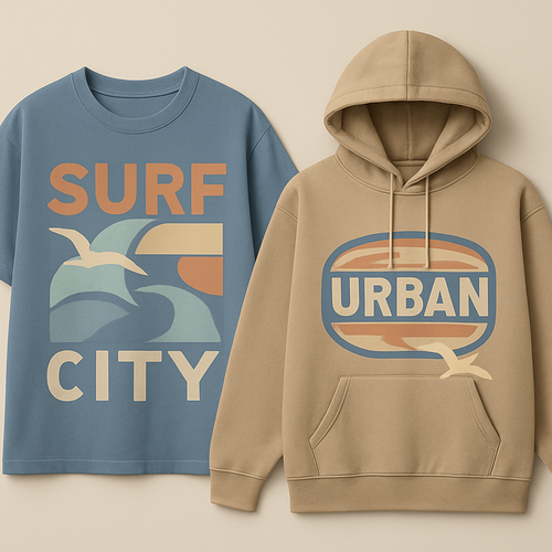 Create a variety of streetwear-style t-shirt and hoodie graphics and logos, featuring bold, trendy designs inspired by
 surf vibes and urban lifestyle. Include abstract patterns, oversized typography, retro logos, subtle animal motifs like seagulls, waves, sunsets, skaters, or cars. Designs should be youthful, casual, and edgy, suitable for screen printing on apparel. Use muted pastels, washed denim blues, and earth tones, with clean lines and modern style. Vector-ready, high-detail, wearable streetwear aesthetic logos, including novry