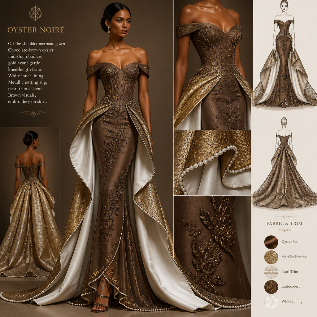 Off-the-shoulder, timeless, modest mermaid gown with a piped chocolate-brown oyster bodice extending to mid-thigh and a gold avant-garde train starting at the knees, with a pure white inner lining like the nacre inside a clam. The slip under the dress should be of metallic netting with lines of pearls gracing the bottom of the netting. The model should be wearing a large gold-plated neck adornment alike the cymbal instrument. add brown visuals and pictures of embroidery on the skirt only
Off-the-shoulder mermaid gown. Chocolate-brown oyster mid-thigh bodice, gold avant-garde knee-length train. White inner lining. Metallic netting slip, pearl trim at hem. Brown visuals, embroidery on skirt.