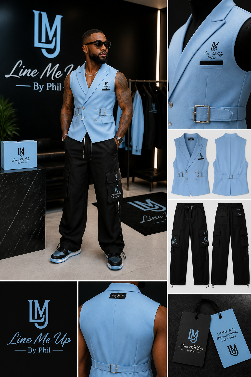 Include logo: Line Me Up By Phil. Show a black man owner dressed in a special sky blue suit vest with black cargo relaxed fit trousers
Include logo: Line Me Up By Phil. Show a black man owner dressed in a special sky blue suit vest with black cargo relaxed fit trousers