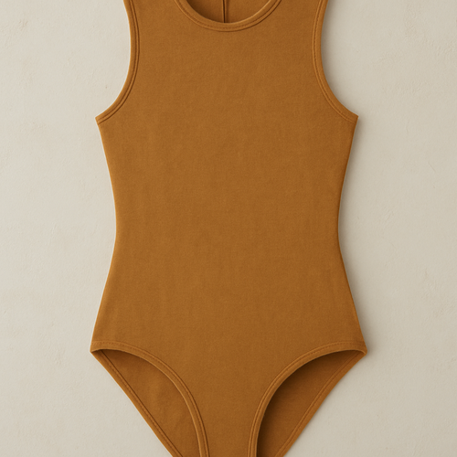 create a bodysuit drawing that is sleeveless, full coverage, with a medium high neckline and a low cut leg with a short zipper at the back