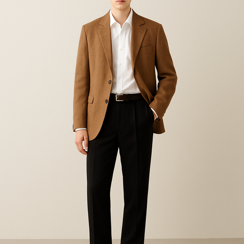 coffee blazer, white shirt, black pants and black belt and black shoes outfit