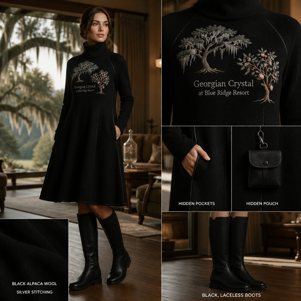 Black warm turtleneck long-sleeve timeless elegance flowy tailored shin-length dress made of alpaca wool with silver cursive font embroidered "Georgian Crystal at Blue Ridge Resort" on front logo with silver stitching, then add hidden black pockets. Make sure non-sheen pockets have silver stitching. Include an attachable hidden black pouch to hold pens, a small pen pad, front office cordless phone, and front office keys. Large logo should include a silver-stitched only Southern Live Oak Tree with Spanish Moss and Peach Trees with fallen peaches, influenced by the Atlanta skyline on the front chest area only, and The entire front chest logo size should be the size of a circular plate, including the resort name. Create a design for women in the front office only. Include black knee-high professional snow-grade flat boots for front office team members who may need to visit the outside grounds of the resort in the snow. No laces on boots. No logo at the bottom of the dress
Black alpaca wool turtleneck dress. A-line silhouette, knee-length, flowing cut. Embroidered "Georgian Crystal at Blue Ridge Resort" on front. Southern Live Oak, Spanish Moss, and Peach Tree pattern on front chest. Hidden black pockets, silver stitching. Attach hidden black pouch. Pair with black knee-high, flat, laceless boots.
