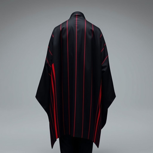 
Design a men's kimono with a futuristic, minimalist aesthetic. The kimono should feature vertical lines in varying widths and lengths, randomly placed across the fabric in red, creating a dynamic and fluid pattern. The base color should be black, with the red lines adding an energetic, yet balanced contrast. The design should evoke a modern and shamanic feel, blending tradition with innovation. The overall silhouette should be sleek, clean, and sophisticated, combining spiritual and futuristic elements."

