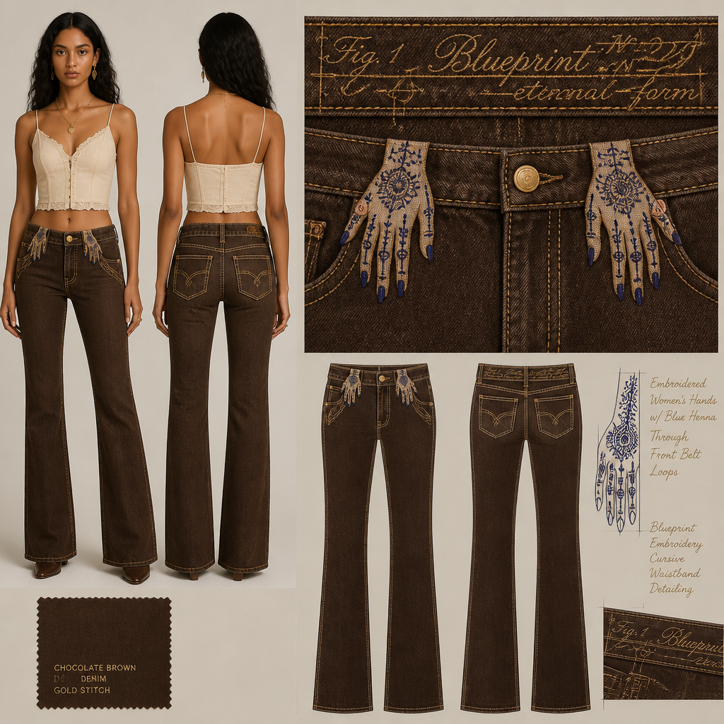 Chocolate brown bootcut jeans with gold stitching, blueprint embroidery in large cursive font spanning the entire belt band area, include embroidered women's manicured hands with long nails and blue henna through front belt loops
Chocolate brown denim bootcut jeans, gold stitch detail, blueprint embroidery cursive pattern on waistband, embroidered women's hands with blue henna detailing through front belt loops.