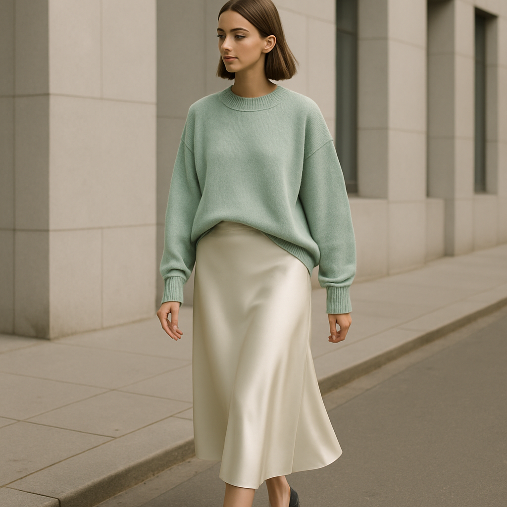 Street style full-body fashion photo of a female model walking in a modern urban setting. She wears a silky ecru satin midi skirt with a soft mint green oversized sweater tucked in lightly at the waist. The outfit is styled as a total look, chic and trendy, perfect for social media aesthetic. Show the entire figure from head to toe without cropping. Emphasize the harmony of pastel mint with ecru satin, soft daylight, dreamy tones, high-quality photography.
Minimalist fashion design: Full-body street style photo of a female model walking in an urban setting. She wears an ecru satin midi skirt and a soft mint green oversized sweater, lightly tucked. Simple silhouette, clean lines. Focus on the smooth satin and soft knit textures. Soft daylight, harmonious pastel tones.
