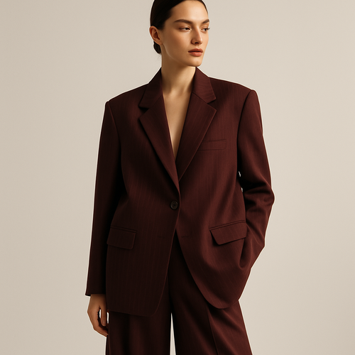 “A luxury fashion editorial photo of a female model wearing an oversized blazer in deep burgundy fabric with fine white pinstripes, single-breasted with one button, two front pockets, paired with high-waisted palazzo pants in the same burgundy pinstripe fabric. The outfit looks elegant, oversized yet tailored, shown on a runway model against a minimalist background, soft studio lighting, high-resolution fashion photography.”