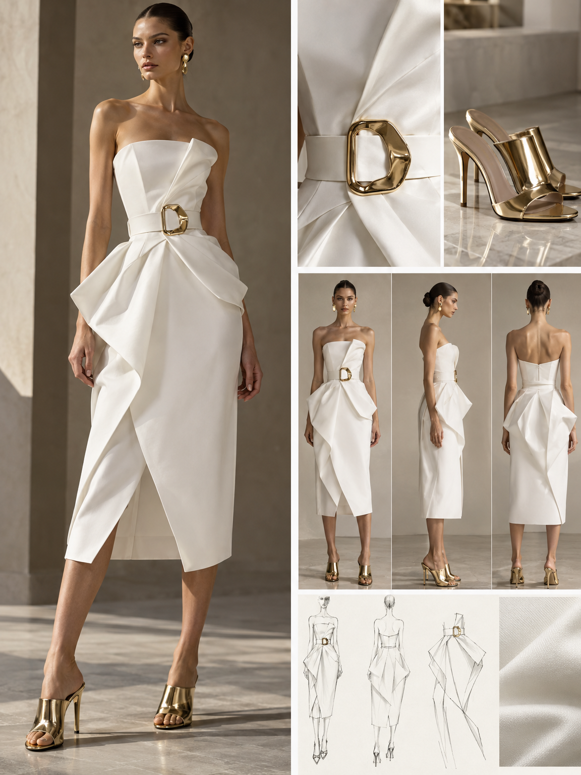 Short white strapless dress midi length with gold buckle at center dress with white belt. Gold mule high heel.
Short white strapless dress midi length with gold buckle at center dress with white belt. Gold mule high heel. , avant garde style
