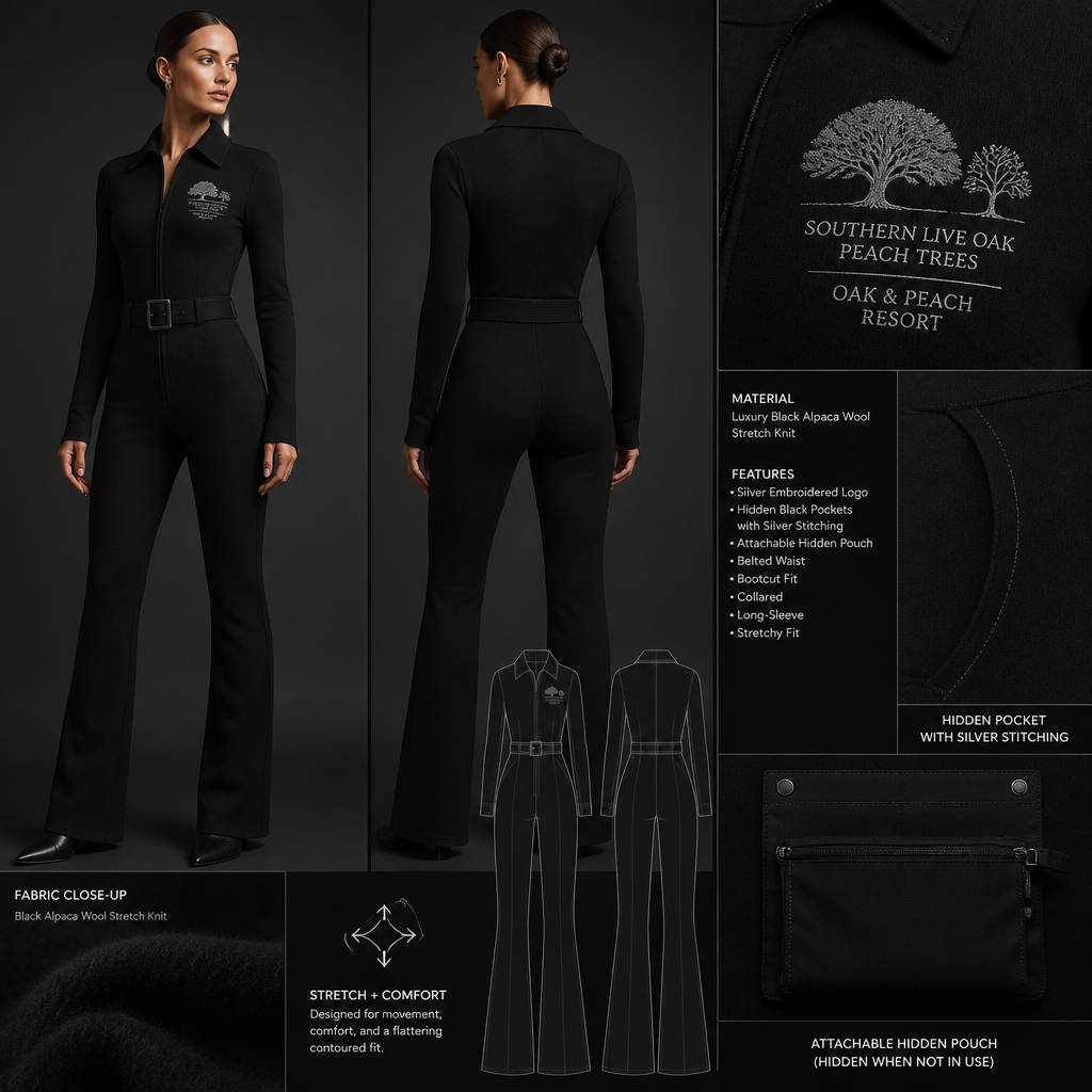 Black warm collared, belted, and stretchy long-sleeve timeless elegance professional bootcut jumpsuit made of alpaca wool with silver cursive font embroidered "Georgian Crystal at Blue Ridge Resort" on front logo with silver stitching, then add hidden black pockets. Make sure non-sheen pockets have silver stitching. Include an attachable hidden black pouch to hold pens, a small pen pad, front office cordless phone, and front office keys. Large logo should include a silver-stitched only Southern Live Oak Tree with Spanish Moss and Peach Trees with fallen peaches, influenced by the Atlanta skyline on the front chest area only, and The entire front chest logo size should be the size of a circular plate, including the resort name within the circular plate. Create a design for women in the front office only.
Black alpaca wool, bootcut jumpsuit. Collared, belted, long-sleeve, stretchy fit. Silver embroidered logo, Southern Live Oak, Peach Trees, and Resort name on chest. Hidden black pockets with silver stitching. Includes an attachable hidden black pouch.