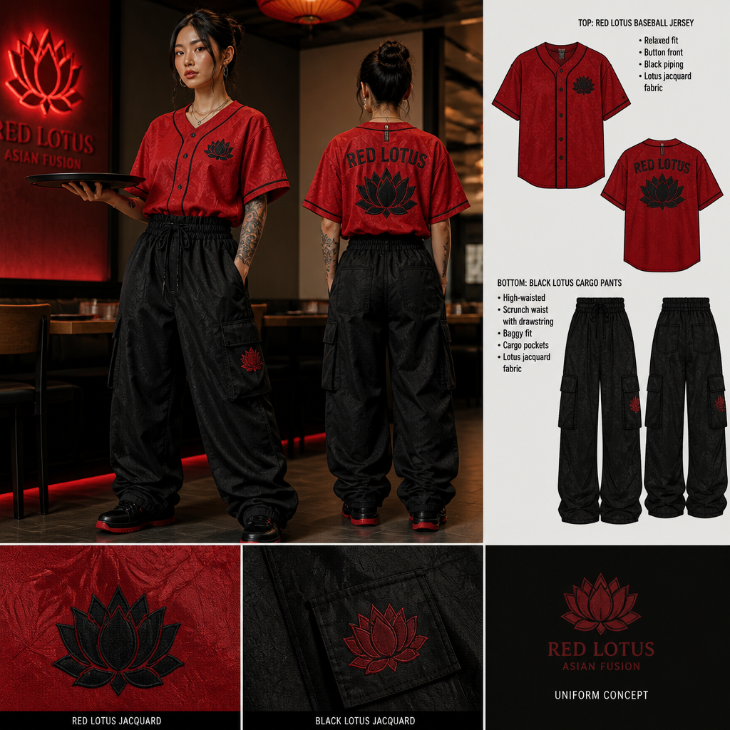 Womens streetwear wait staff uniform made of red baseball jersey like shirt and black scrunch waist baggy cargo pants all made of lotus fabric
Womens streetwear wait staff uniform: **red lotus fabric baseball jersey, relaxed fit; black lotus fabric cargo pants, baggy, high-waisted, scrunch waist.**