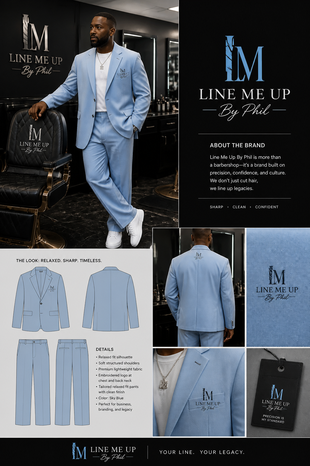 Include logo: Line Me Up By Phil. Show a black man barbershop owner dressed in a sky blue relaxed fit suit jacket with tailored relaxed fit pants
Include logo: Line Me Up By Phil. Show a black man barbershop owner dressed in a sky blue relaxed fit suit jacket with tailored relaxed fit pants