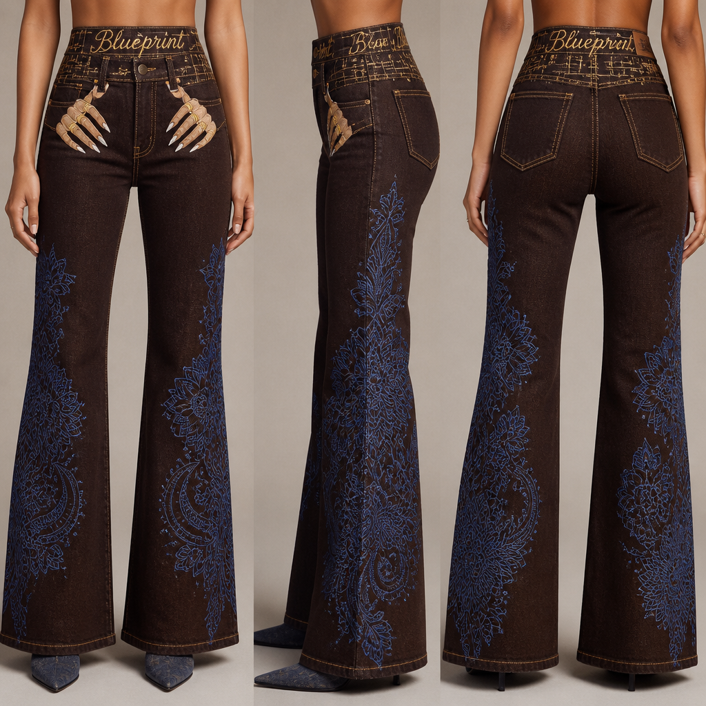 high waisted Chocolate brown bootcut jeans with gold stitching, blueprint embroidery in large cursive font spanning the entire belt band area, including embroidered women's manicured hands with long nails through front belt loops, add blue henna on pants legs
High-waisted, bootcut chocolate brown denim jeans with gold stitching. Large cursive blueprint embroidery on the entire belt band. Embroidered women's manicured hands with long nails through front belt loops. Blue henna pattern on pants legs.