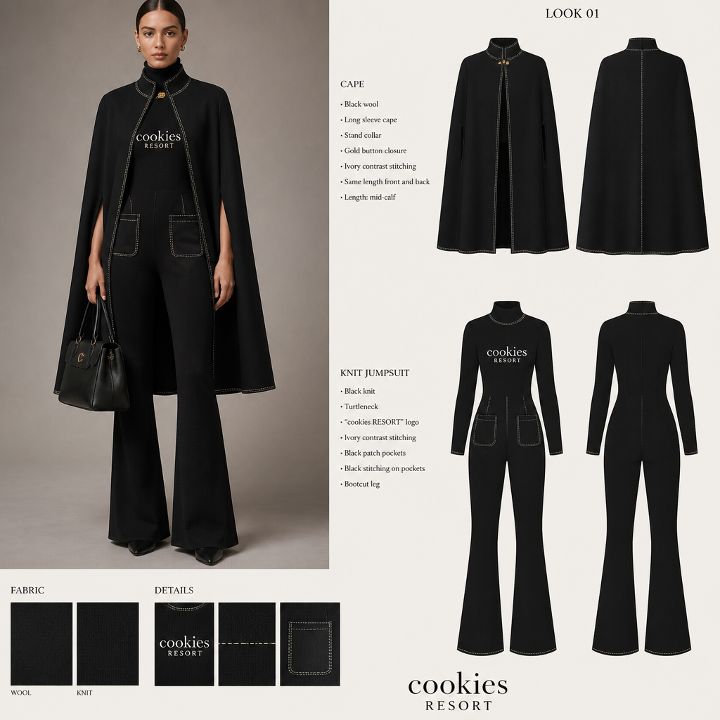 all black warm wool long sleeve cape same length front and back bootcut sweater jumpsuit with cookies resort logo and ivory stitching, then add black pockets with black stitching
Black wool long-sleeve cape, same length front and back. Black knit bootcut sweater jumpsuit with cookies resort logo, ivory stitching, and black patch pockets with black stitching.